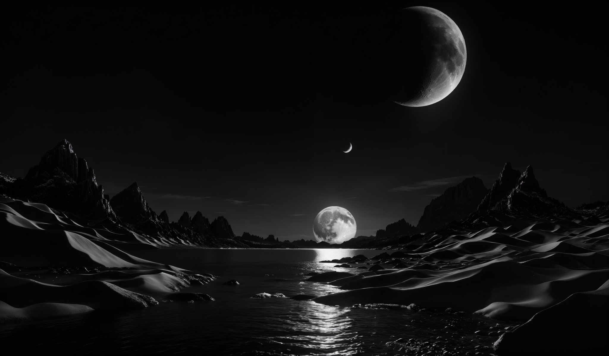 The image is in black and white, showcasing a surreal landscape. The dominant colors are shades of black, white, and gray. The landscape features rugged mountain peaks, sharp and jagged, rising from a calm body of water. The water reflects the light from the celestial bodies, creating a shimmering effect. In the sky, there are two prominent celestIAL bodies: a large, partially illuminated moon and a smaller, brighter celestian body, possibly a sun or another moon. The overall ambiance is serene, with the contrast between the dark mountains and the luminous celestrial bodies adding to the drama.