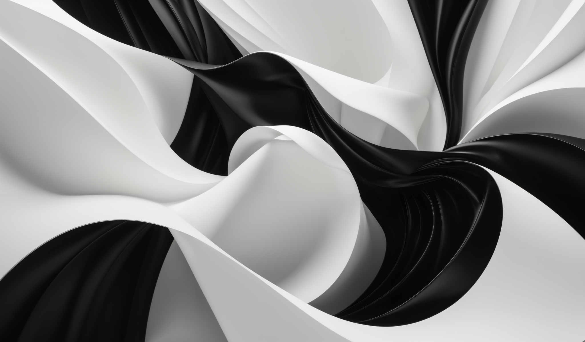 The image showcases a dynamic and abstract representation of black and white. It features flowing, curved lines and shapes that intertwine and overlap, creating a visually striking contrast. The black and whites are smooth, with the black appearing glossy and reflective, while the white has a matte finish. The interplay of these colors and shapes gives the image a sense of movement and fluidity.