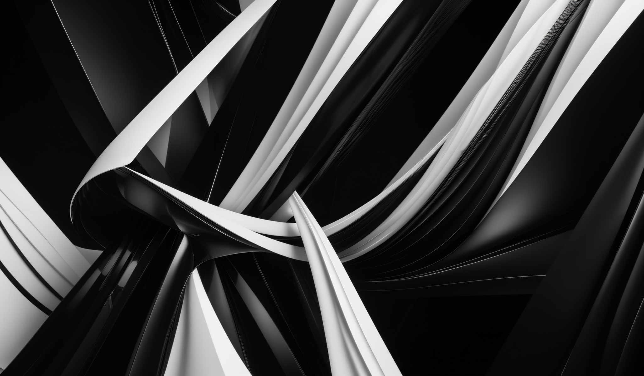 The image showcases a dynamic and abstract composition of intertwined and overlapping black and white stripes. The stripes vary in thickness and curvature, creating a sense of movement and depth. The interplay of light and shadow on the stripes adds a three-dimensional effect, making the image appear as if it's in motion. The predominant colors are black and various shades of white, creating contrast and emphasizing the flow of the design.