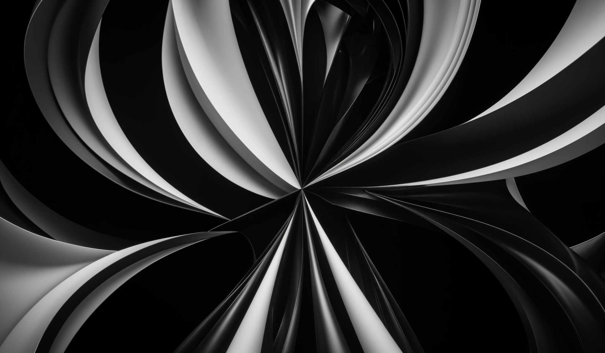 The image showcases a dynamic and abstract design. It predominantly features black and white colors, with the white being used to create a series of curved, wavy lines that radiate outwards from a central point. These lines appear to be intertwined, creating a sense of movement and fluidity. The overall shape resembles a burst or explosion of energy, with each line having varying thickness and curvature, giving depth and dimension to the design.