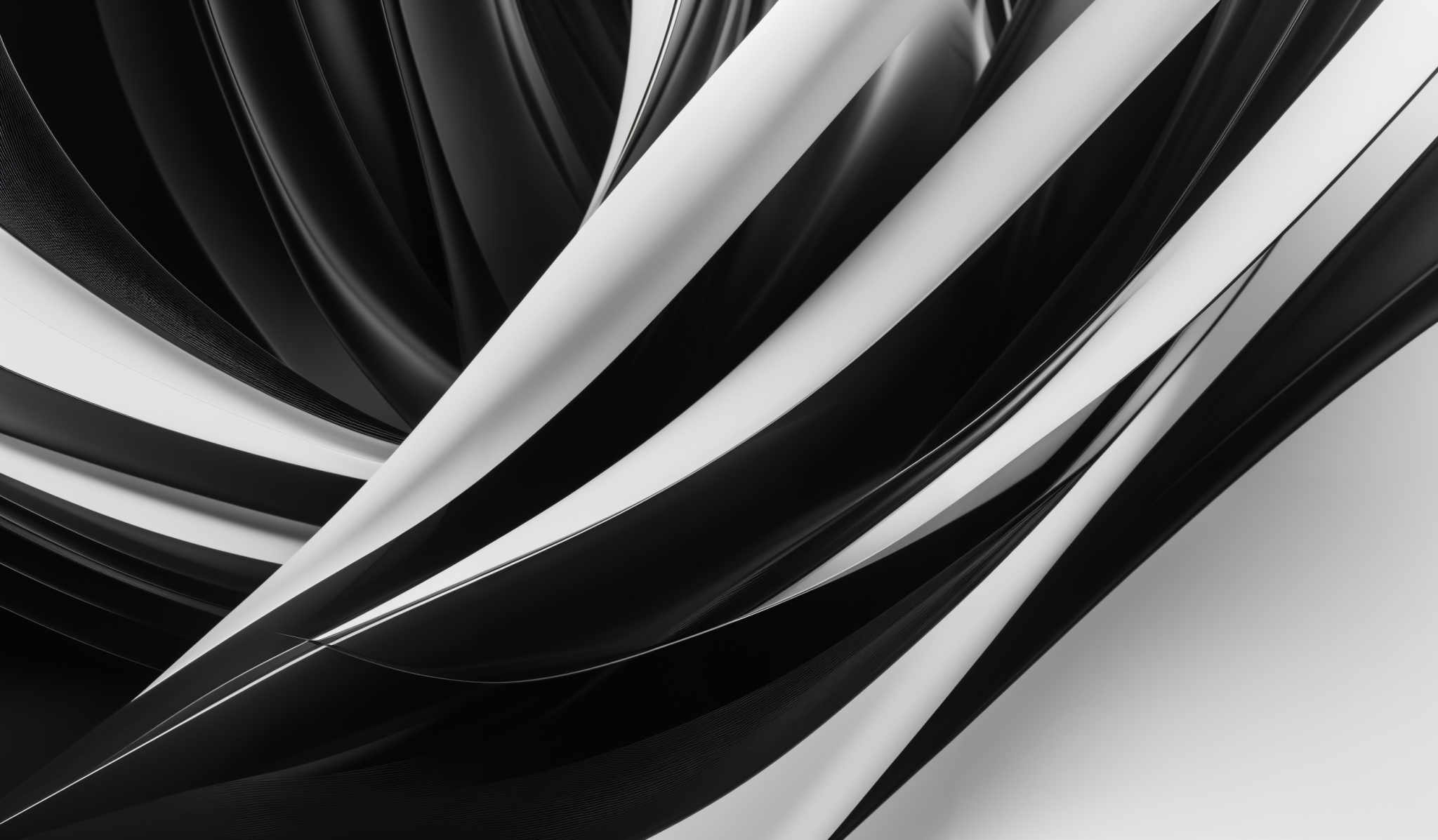 The image showcases a dynamic and abstract design with a predominantly monochromatic color scheme. It features flowing, curved lines that intertwine and overlap, creating a sense of movement and depth. The shapes are predominately smooth and glossy, suggesting a material like glass or polished metal. The interplay of light and shadow on these shapes adds a three-dimensional quality to the image, making it appear as though the lines are in motion.