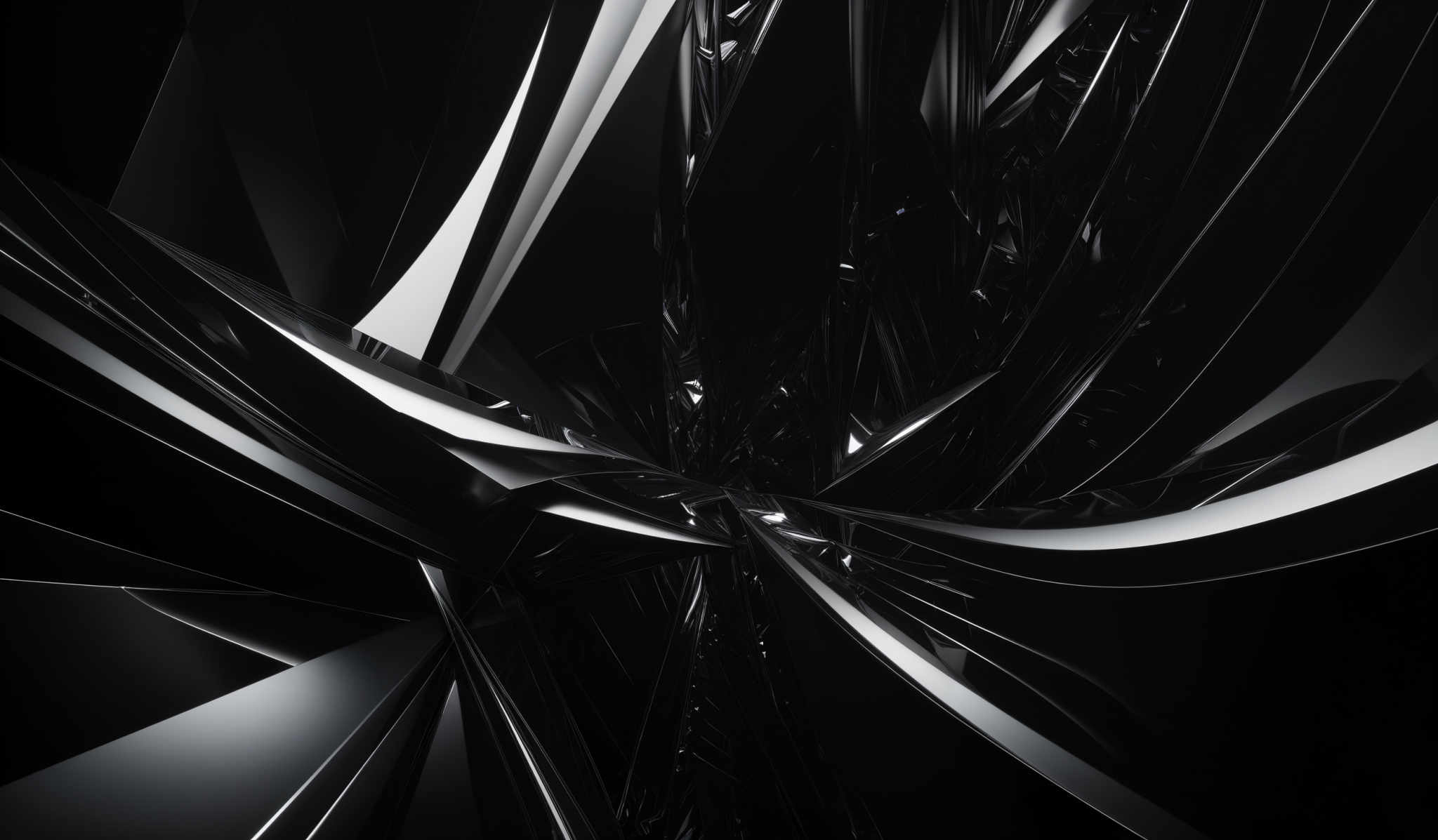 The image showcases a dark, abstract design with sharp, angular shapes. The dominant colors are black and various shades of gray. The shapes appear to be intertwined and overlapping, creating a dynamic and chaotic pattern. The design gives an impression of a 3D space, possibly representing a digital or futuristic environment.