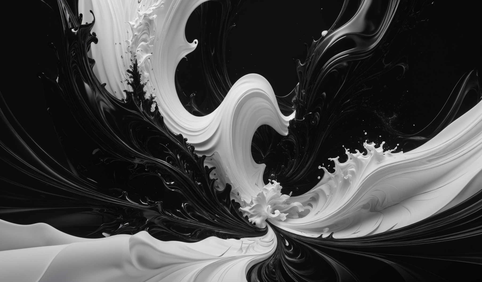 The image showcases a dynamic and intricate interplay of black and white colors. The shapes are fluid and reminiscent of swirling patterns, resembling a mix of liquid and air. The black and whites swirl together, creating a visually striking contrast. The white appears to be a light, airy substance, while the black gives a sense of depth and mystery.