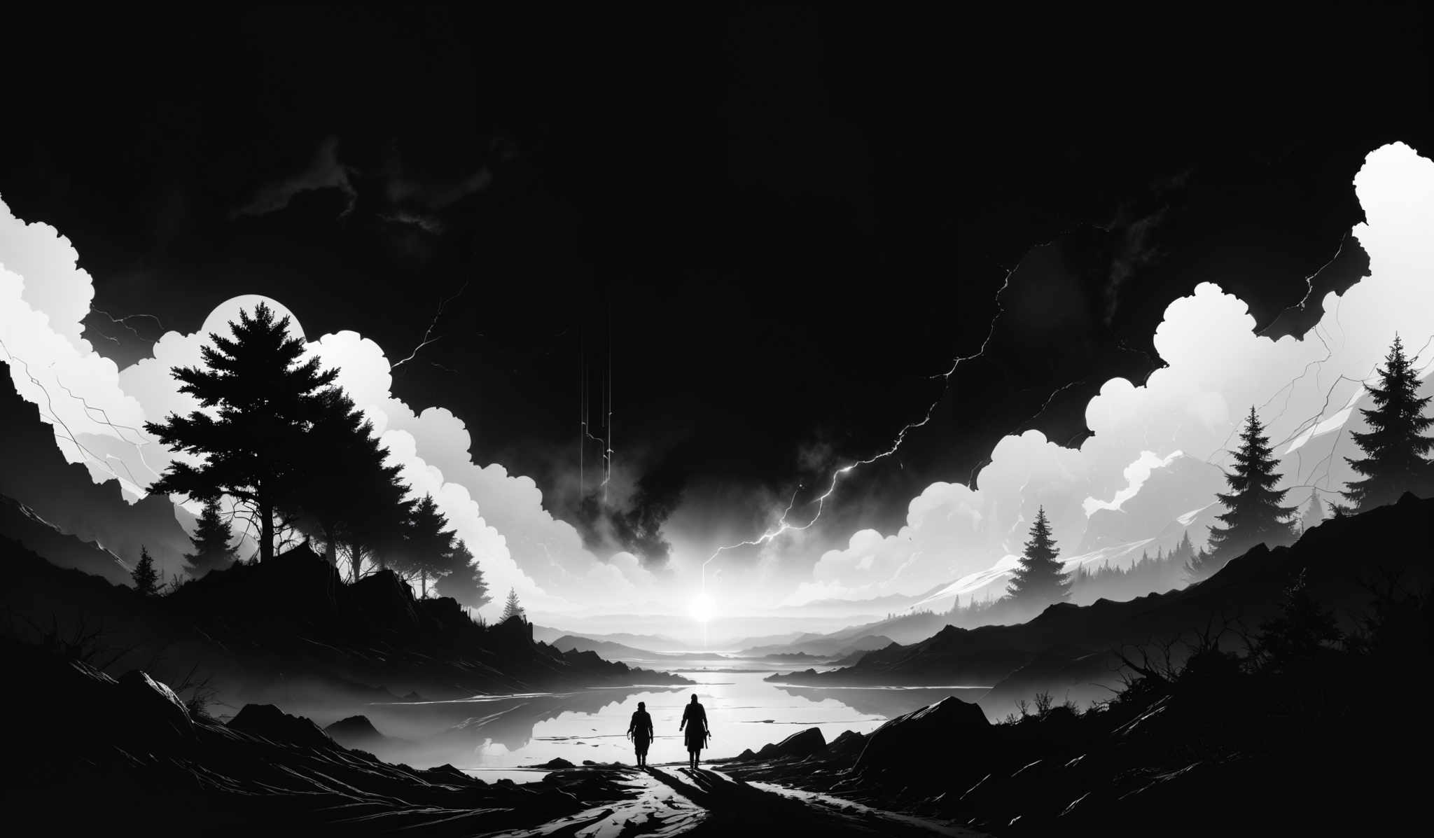 The image is predominantly in shades of black and white, with contrasting elements of light and dark. The sky is filled with dramatic, billowing clouds, and there are streaks of lightning cutting through them. The landscape features rugged terrains with mountains in the distance. In the foreground, there's a serene body of water reflecting the sky. Two silhouetted figures are seen walking towards the water's edge, adding a sense of scale and narrative to the scene.