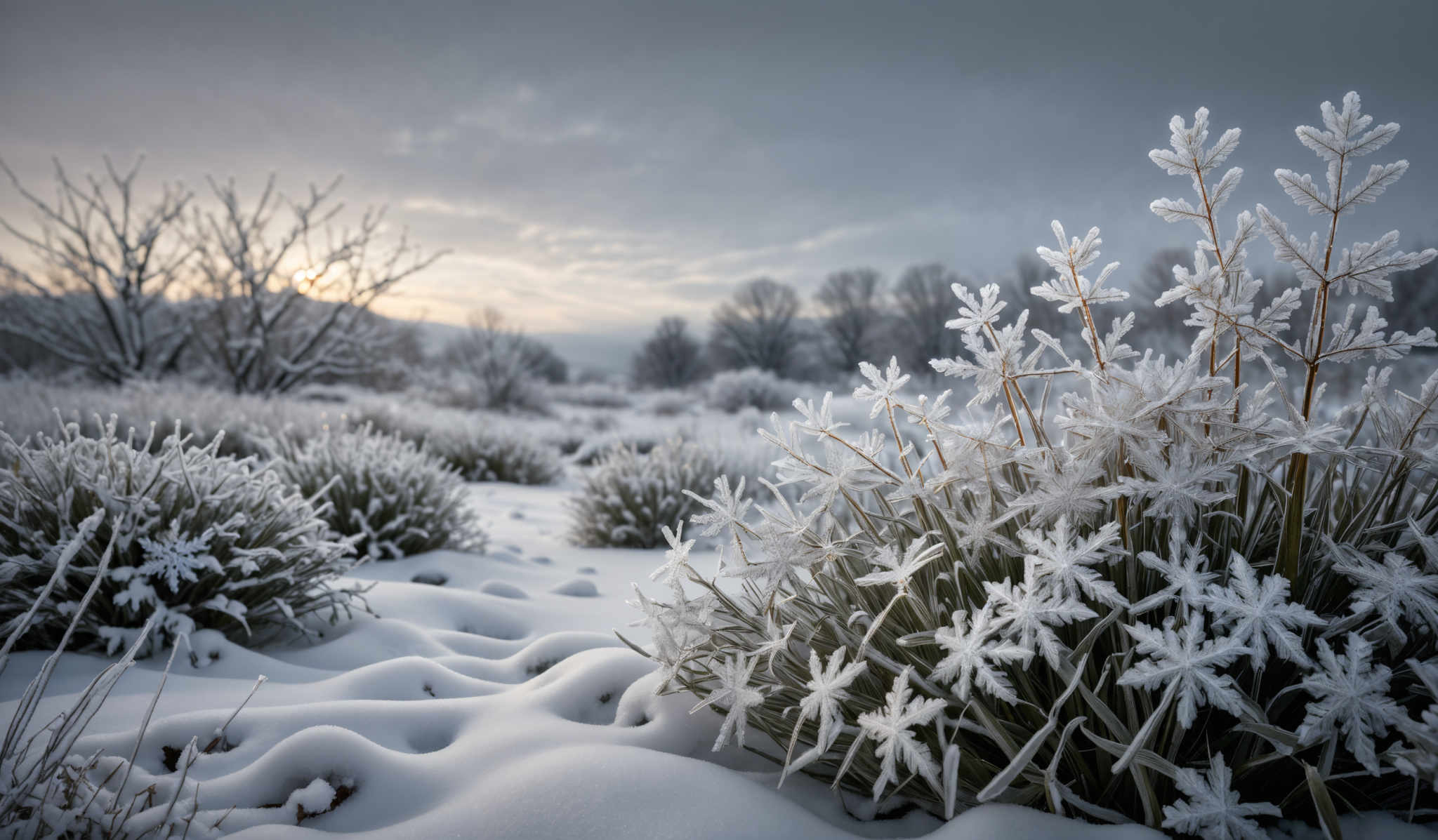 The image showcases a serene winter landscape. The dominant colors are shades of white, gray, and green. The foreground features plants covered in a delicate layer of frost, with their intricate branches forming star-like shapes. The snow blankets the ground, creating soft mounds and patterns. In the background, bare trees stand tall against a cloudy sky, with the sun peeking through, casting a soft glow. The overall ambiance is calm and cold, evoking a sense of tranquility.