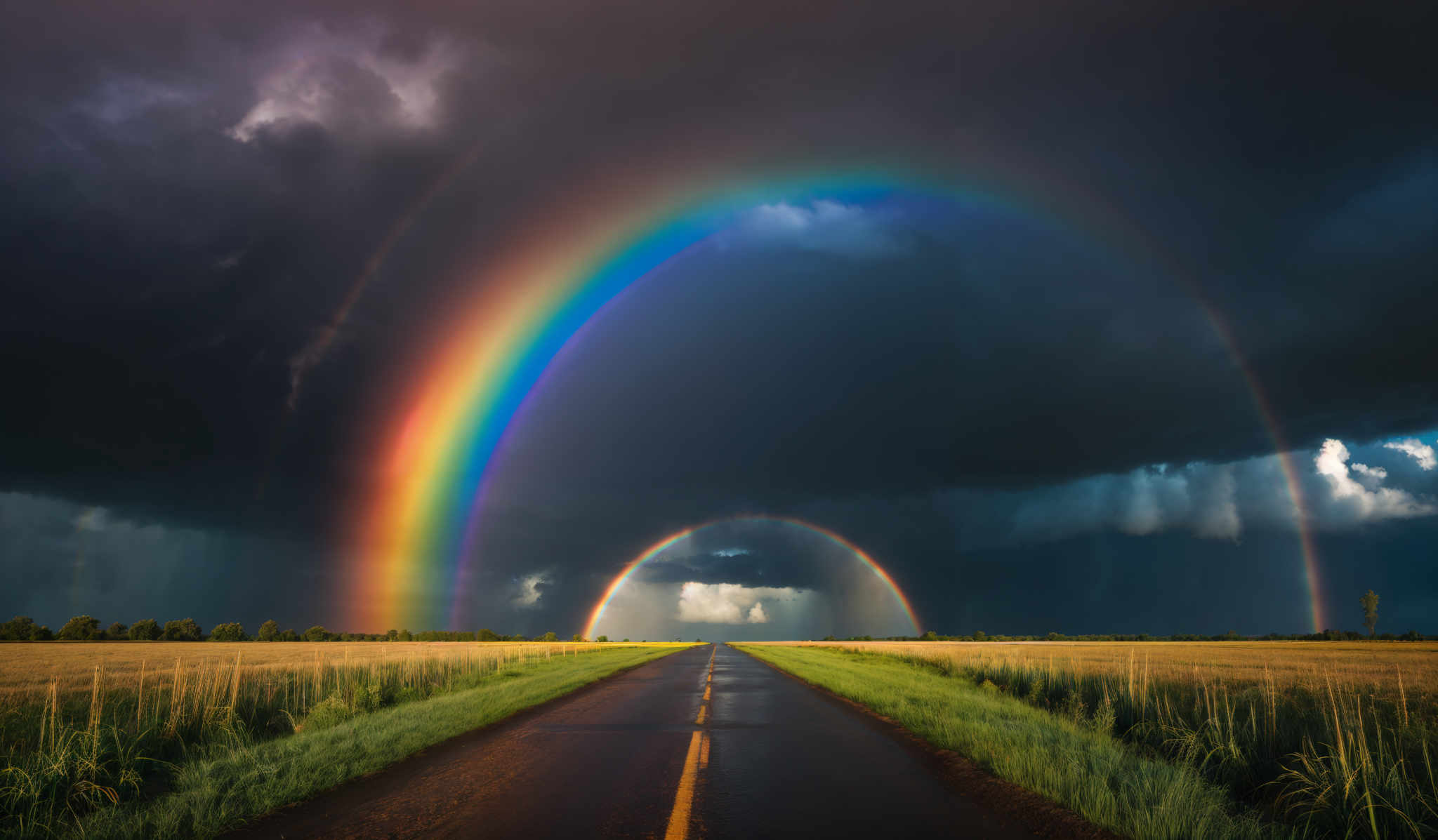 The image showcases a breathtaking scene of nature. Dominating the sky are dark, ominous clouds, contrasted by a vibrant double rainbow that arcs across the scene. The rainbow displays a spectrum of colors, from deep reds and oranges at the outer edges to blues and greens closer to the center. Below the rainbow, a straight road stretches into the distance, flanked by tall grass on either side. The road appears wet, possibly from recent rain, and reflects the colors of the sky. The horizon is lined with a faint silhouette of trees and a distant landscape.