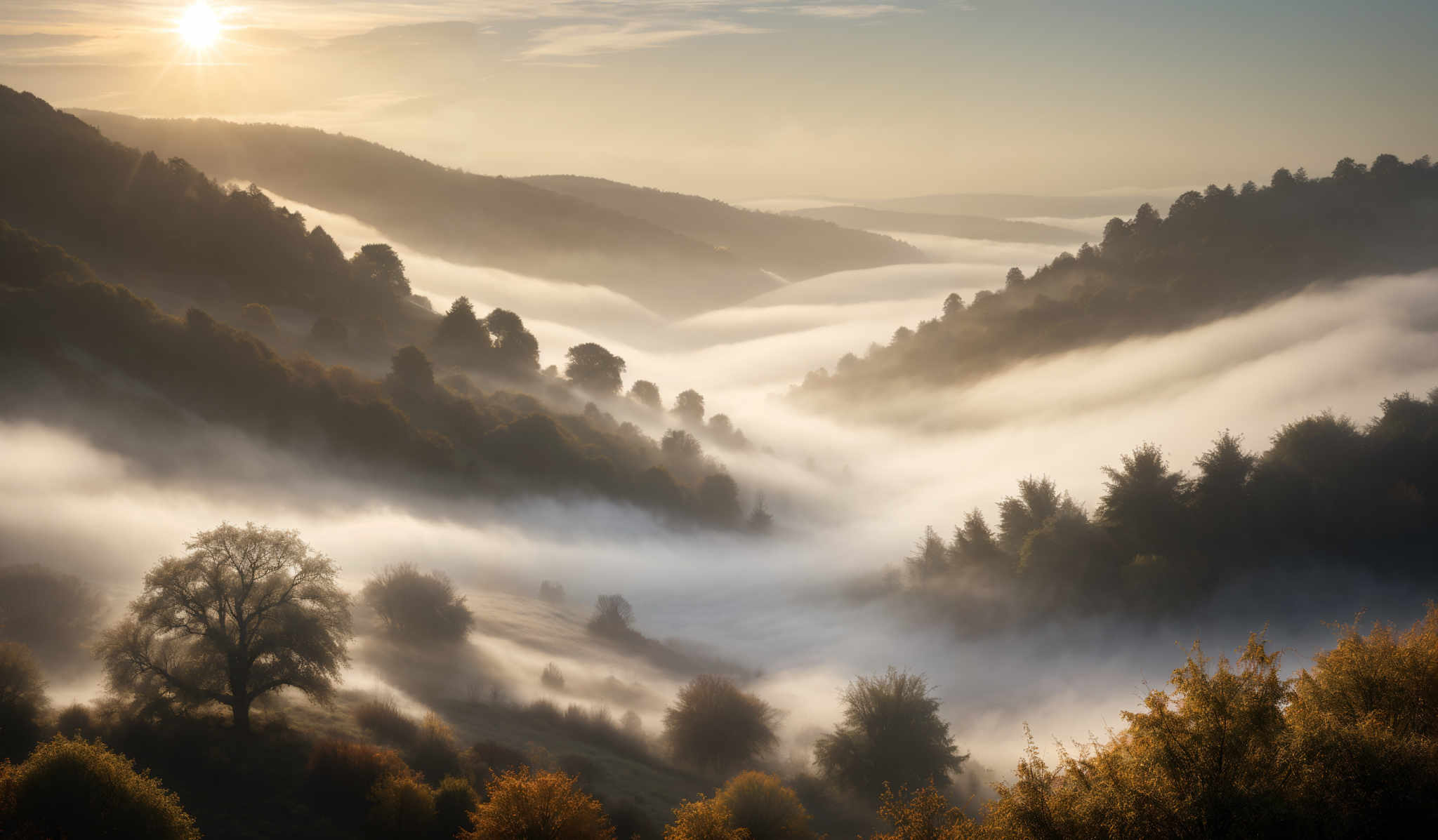 The image showcases a breathtaking landscape during what appears to be early morning or late afternoon. The sun is positioned near the horizon, casting a warm golden hue over the scene. The sky is a gradient of light blue to a deeper shade, with wispy clouds scattered around. The landscape is dominated by rolling hills covered in trees, some of which are in full autumnal colors, displaying shades of orange and yellow. A thick blanket of mist or fog envelops the valleys between the hills, creating a dreamy and ethereal atmosphere. The mist gives the scene a sense of depth and mystery, as it gradually fades into the distance.