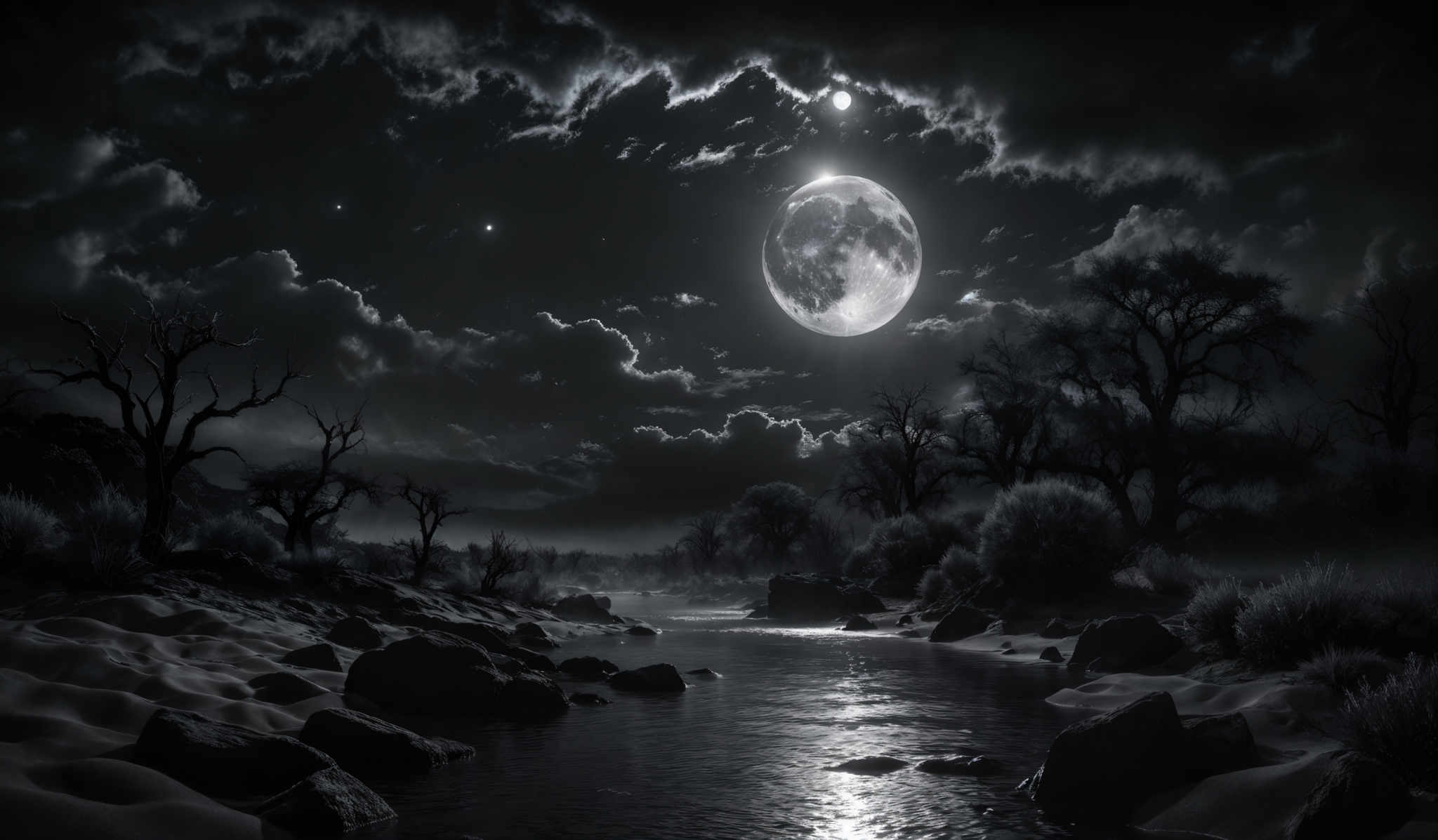 The image is in black and white, showcasing a nocturnal landscape. The sky is filled with dramatic, cloud-filled formations, with the bright moon shining through, casting a glow on the scene below. The moon itself appears large and detailed, with visible craters and surface markings. The landscape features a serene river or stream with smooth, rounded stones scattered throughout. On either side of the water, there are barren trees with twisted branches, suggesting a desolate or uninhabited area. The overall mood of the image is eerie and mysterious, with a sense of solitude and stillness.