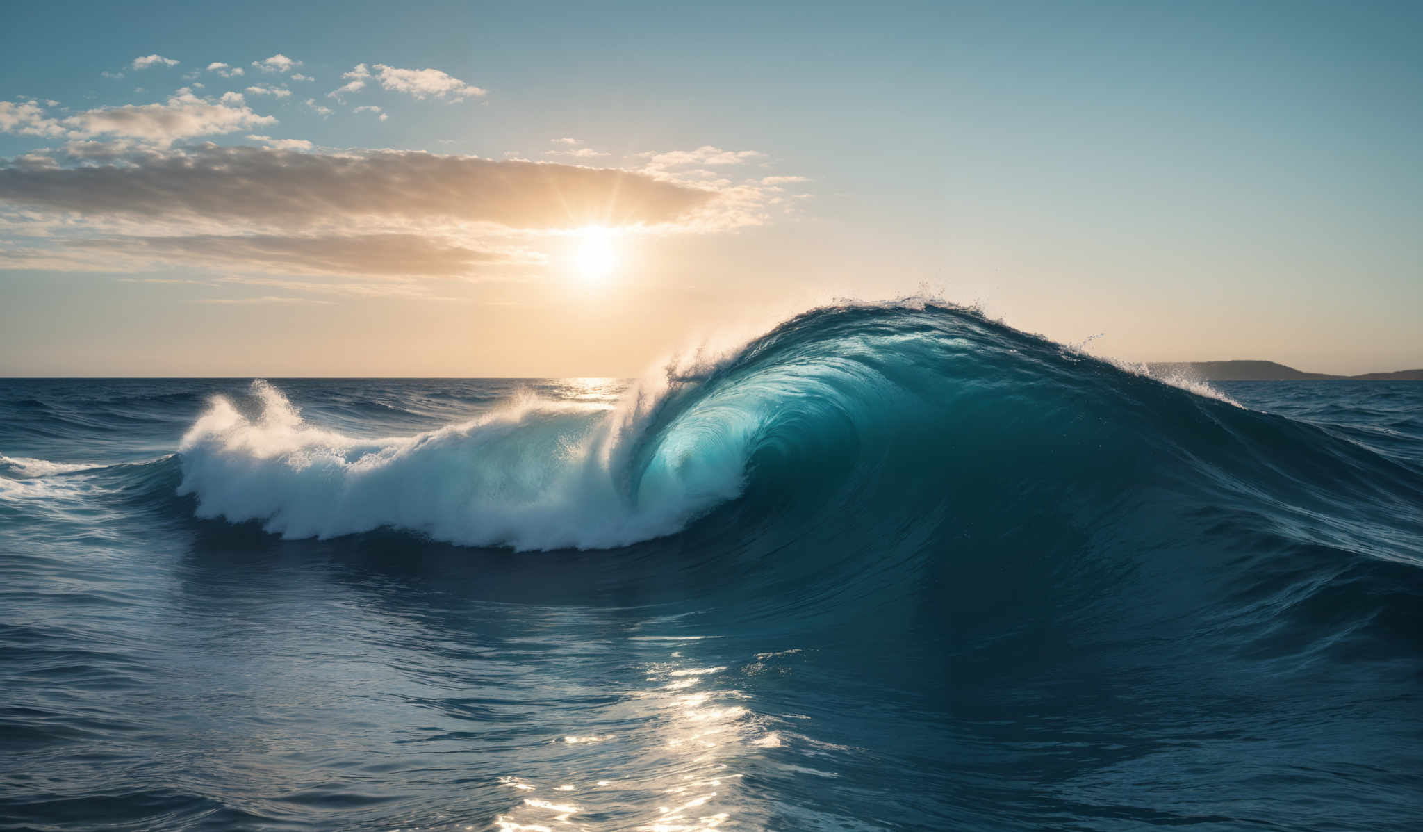 The image showcases a captivating seascape during what appears to be either sunrise or sunset. The dominant colors are shades of blue, representing the vast ocean, and golden hues from the sun. The sun is positioned near the horizon, casting a warm glow that illuminates the clouds and the water. A large, powerful wave is prominently featured, curling and crashing with a white frothy crest. The wave's translucent blue color contrasts beautifully with the deeper blue of the surrounding water. The sky is dotted with fluffy clouds, some of which are tinged with the sun's golden light, adding depth and dimension to the scene.