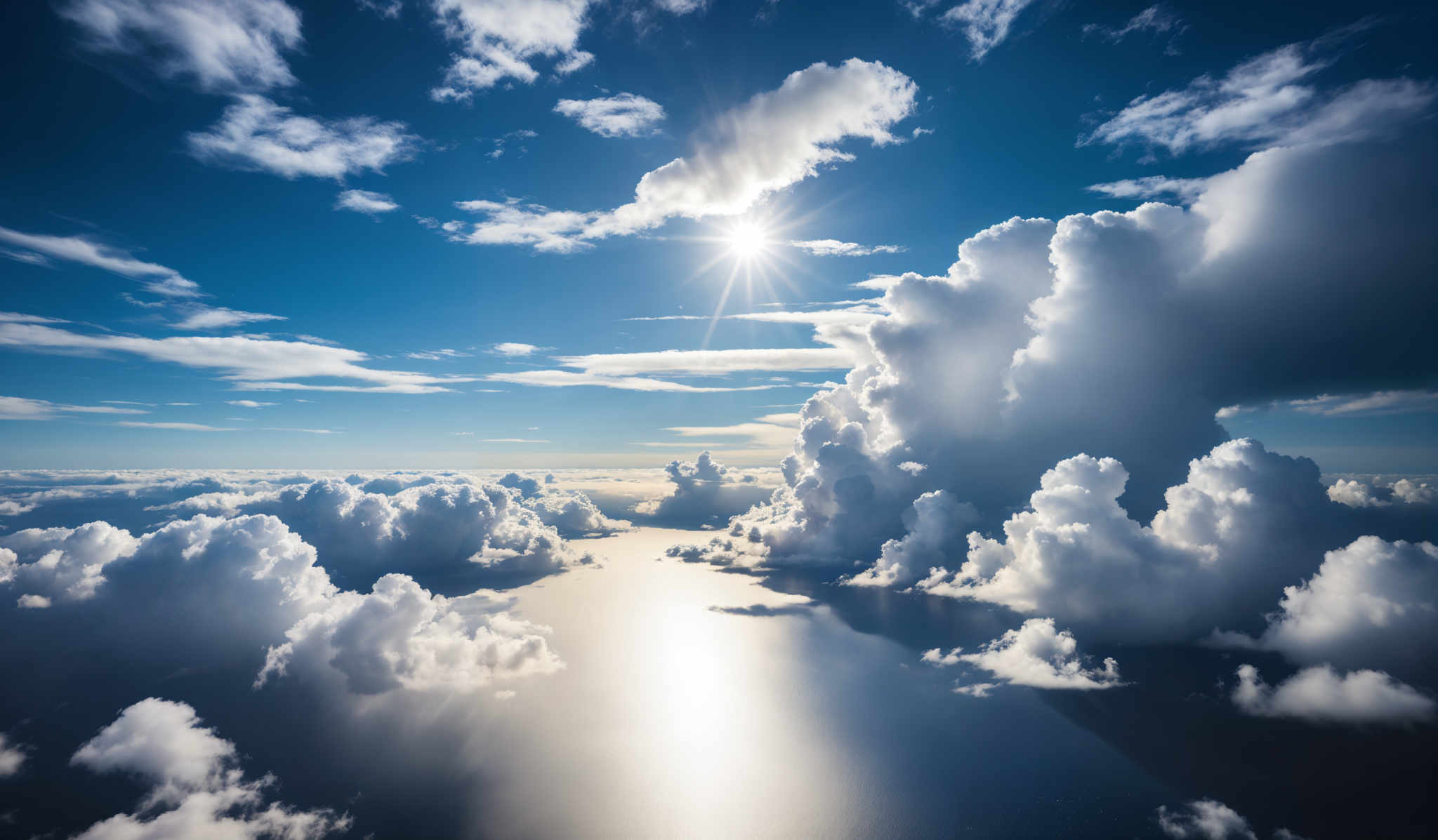 The image showcases a breathtaking view of the sky. The dominant colors are shades of blue and white. The sky is dotted with fluffy white clouds, some of which are large and towering, while others are smaller and scattered. A radiant sun is shining brightly, casting its light onto the clouds and reflecting off a body of water below. The sun's rays create a shimmering pathway on the water, illuminating its surface. The overall scene evokes a sense of serenity and wonder.