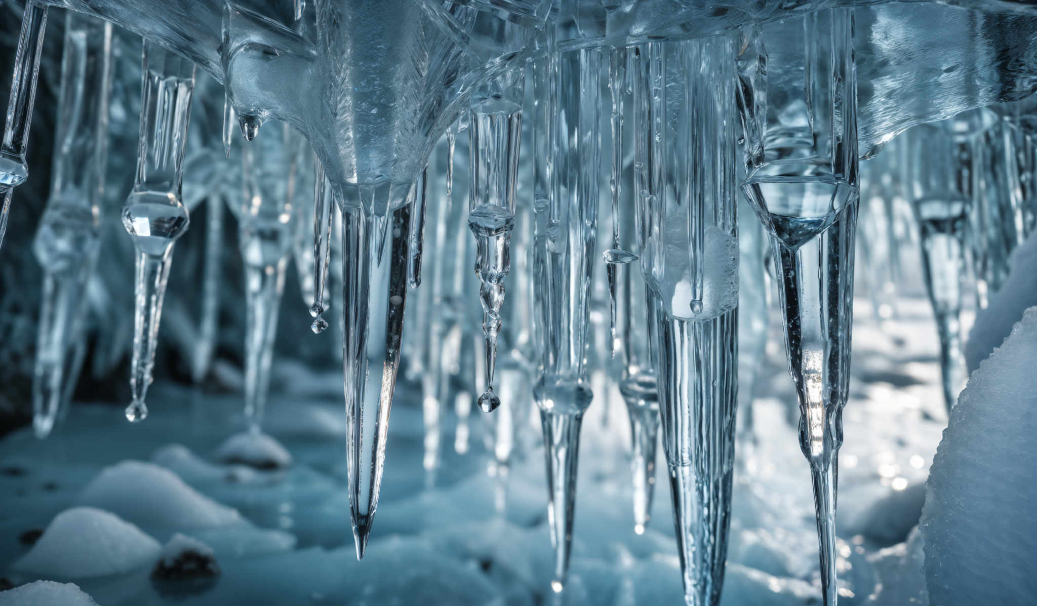 The image showcases a close-up view of icicles hanging from a frozen structure. The icicles are translucent, with varying shades of blue, ranging from light to dark. They are elongated and have a sharp, pointed tip. Some of the icicles have bubbles trapped inside them, possibly due to the melting and refreezing process. The background reveals a frosty environment with more icicles and what appears to be snow or frost on the ground.