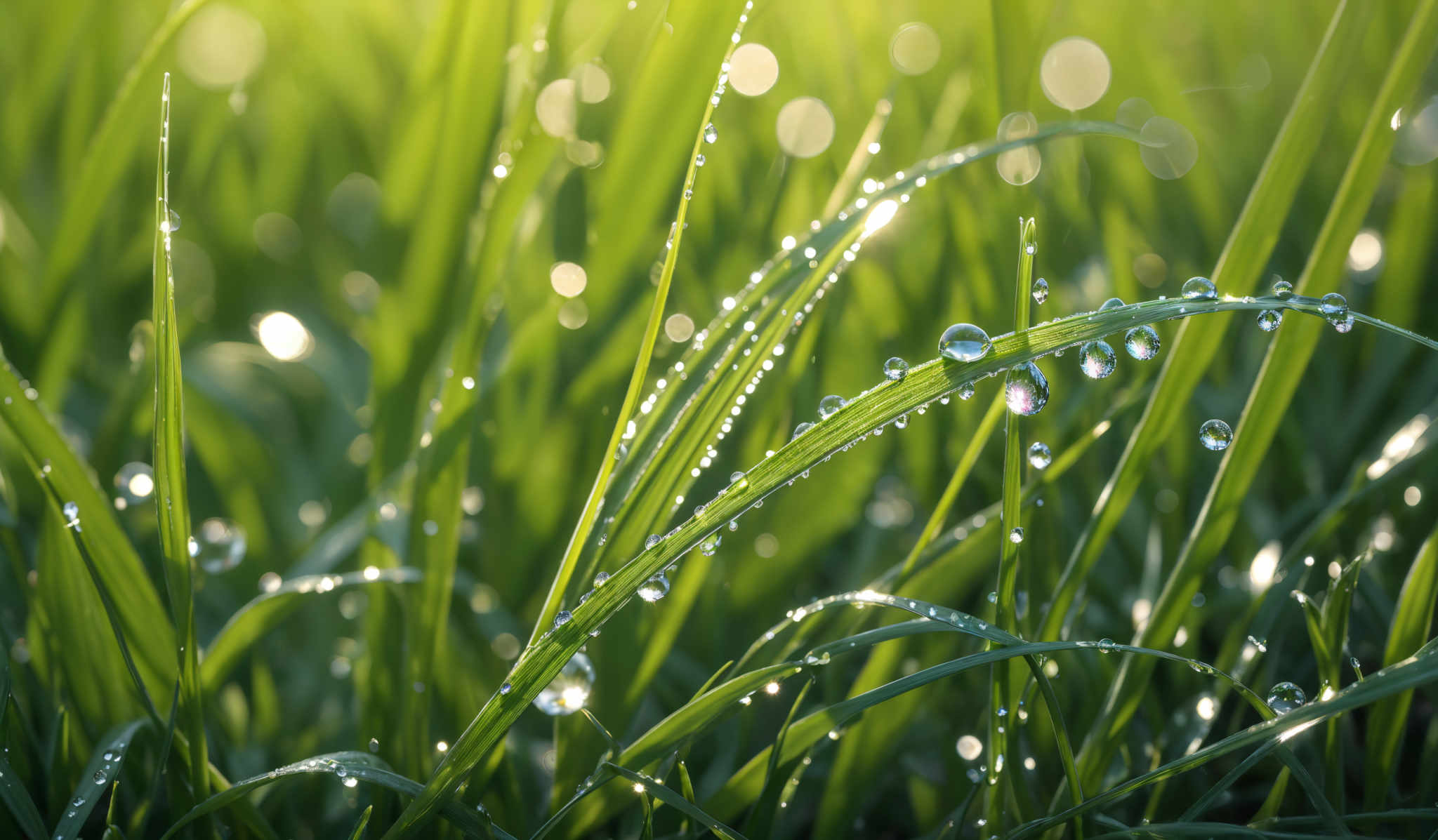 The image showcases a vibrant green grassy field covered in dew. The dew droplets are shiny and reflect light, creating a sparkling effect. The grass blades are slender and elongated, and they are densely packed together. The background is slightly blurred, emphasizing the foreground, and is illuminated by a soft, golden light, possibly from the early morning or late afternoon sun.