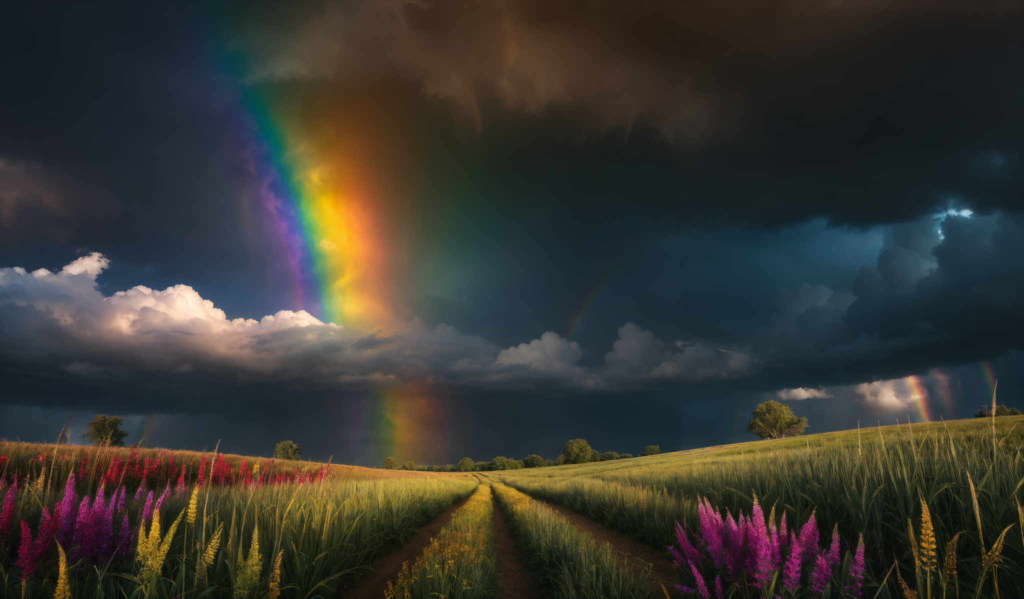 The image showcases a breathtaking landscape with a vivid rainbow arcing across a dark, stormy sky. The rainbow displays a spectrum of colors, from deep reds and oranges at its base to bright blues and greens at its top. Below the rainbow, the sky is dominated by dark, ominous clouds, suggesting an impending storm. However, the landscape below contrasts this with its lush green fields and vibrant purple and yellow flowers. A pathway cuts through the fields, leading the viewer's eye towards a distant tree and the horizon.