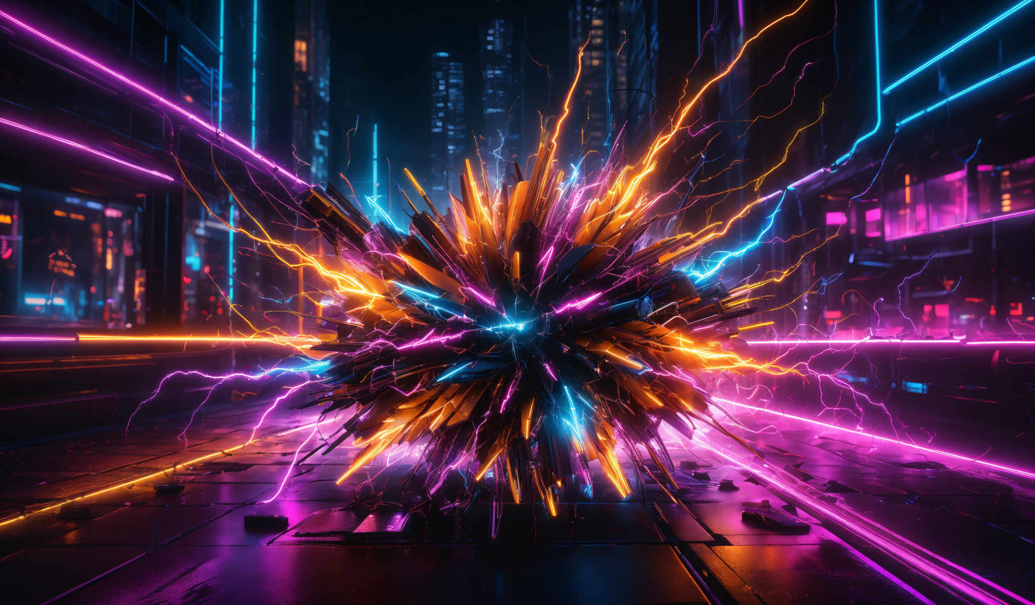 The image showcases a vibrant and dynamic scene. The dominant colors are neon shades of pink, blue, and orange. The central figure appears to be an explosion or burst of energy, emanating bright streaks of light in all directions. This energy burst is surrounded by a cityscape with tall buildings, reflecting the neon lights. The streets are wet, possibly after a rainfall, and the entire scene is bathed in a dark ambiance, with only the lights from the buildings and the energy burst providing illumination.