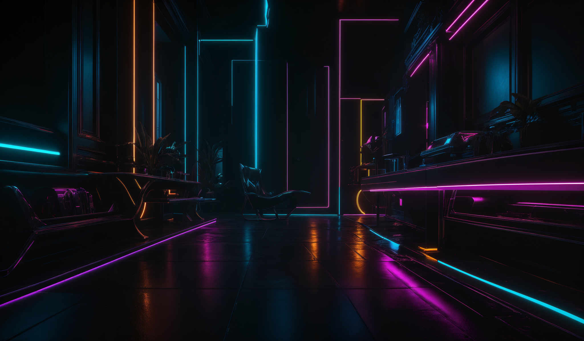 The image showcases a futuristic or cyberpunk-themed room with neon lights. The dominant colors are deep blues, vibrant purples, and bright yellows. The room features tall vertical panels with neons illuminating them in different colors. There's a long counter or table with various objects on it, including what appears to be a vase with a plant. The floor is reflective, mirroring the neon glow from the panels. The overall ambiance is moody and atmospheric, with the neons providing a stark contrast to the dark surroundings.