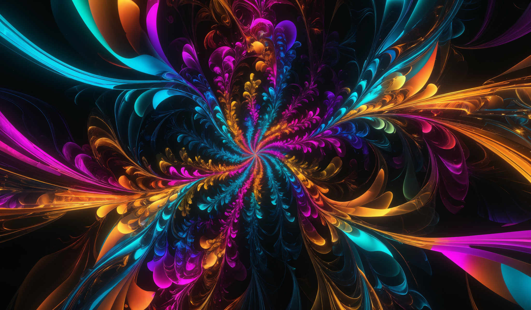 The image showcases a vibrant and intricate fractal design. It features a myriad of colors, including deep blues, bright oranges, and fiery reds, all intertwined in a complex pattern. The shapes are reminiscent of swirling, feathered structures, with each color creating a distinct layer or petal. The overall effect is mesmerizing, with the colors and shapes radiating outwards from a central point, giving the impression of a burst of energy or light.