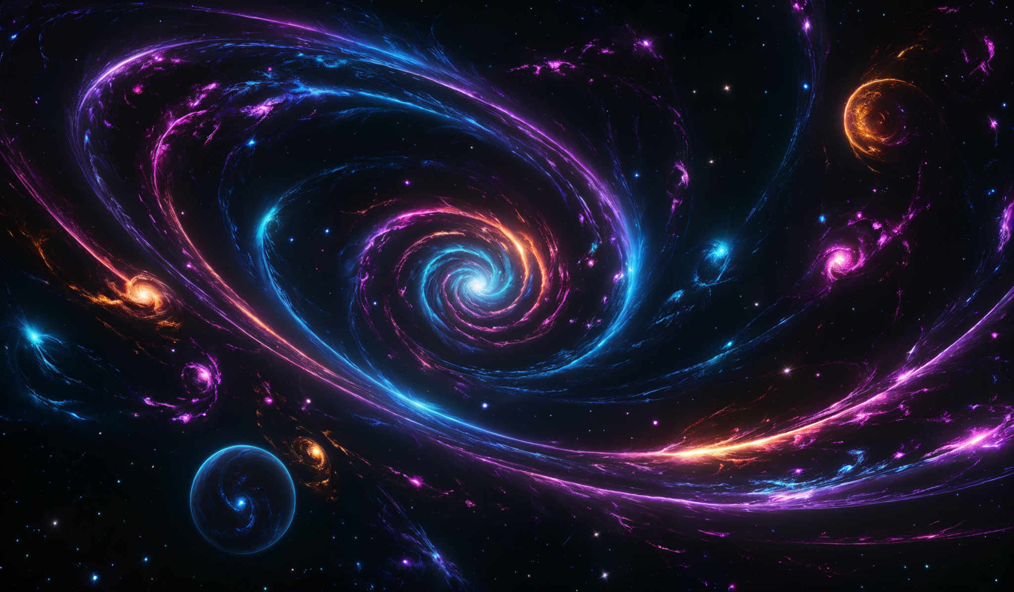 The image showcases a mesmerizing cosmic scene with swirling galaxies and nebulae. Dominating the center is a spiraling galaxy with vibrant hues of blue, purple, and pink, emanating a radiant glow. Surrounding this central galaxy are smaller celestial bodies, including planets and stars, illuminated in various colors. The background is a deep black, punctuated by distant stars, adding depth and contrast to the vividly colored foreground.