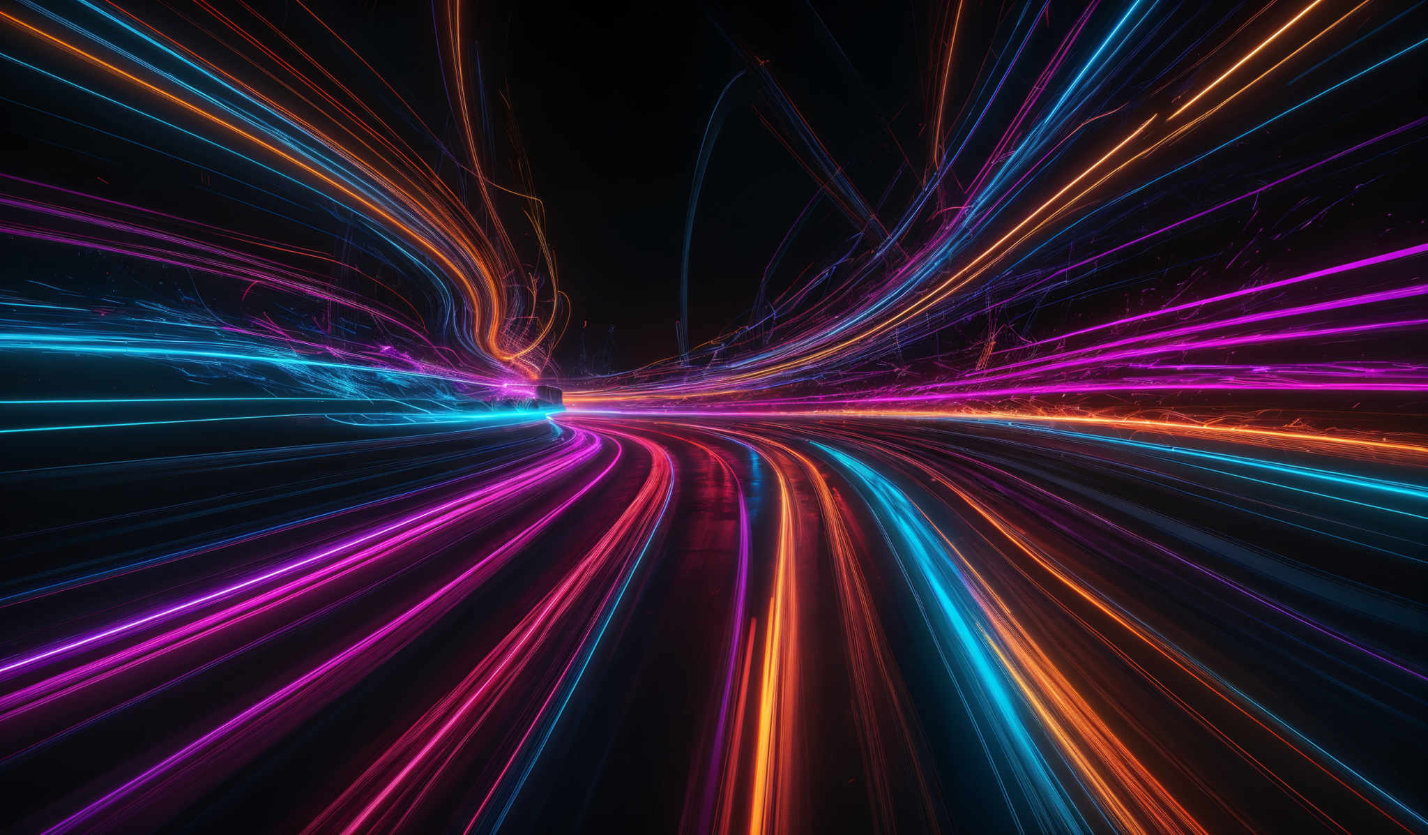 The image showcases vibrant streaks of light in a dynamic pattern. The colors range from deep blues and purples to bright neon oranges and pinks. The shapes are curved and winding, creating an impression of motion or energy. The overall effect is reminiscent of a high-speed photograph of light trails, possibly from a long exposure shot of moving lights or a light painting technique.