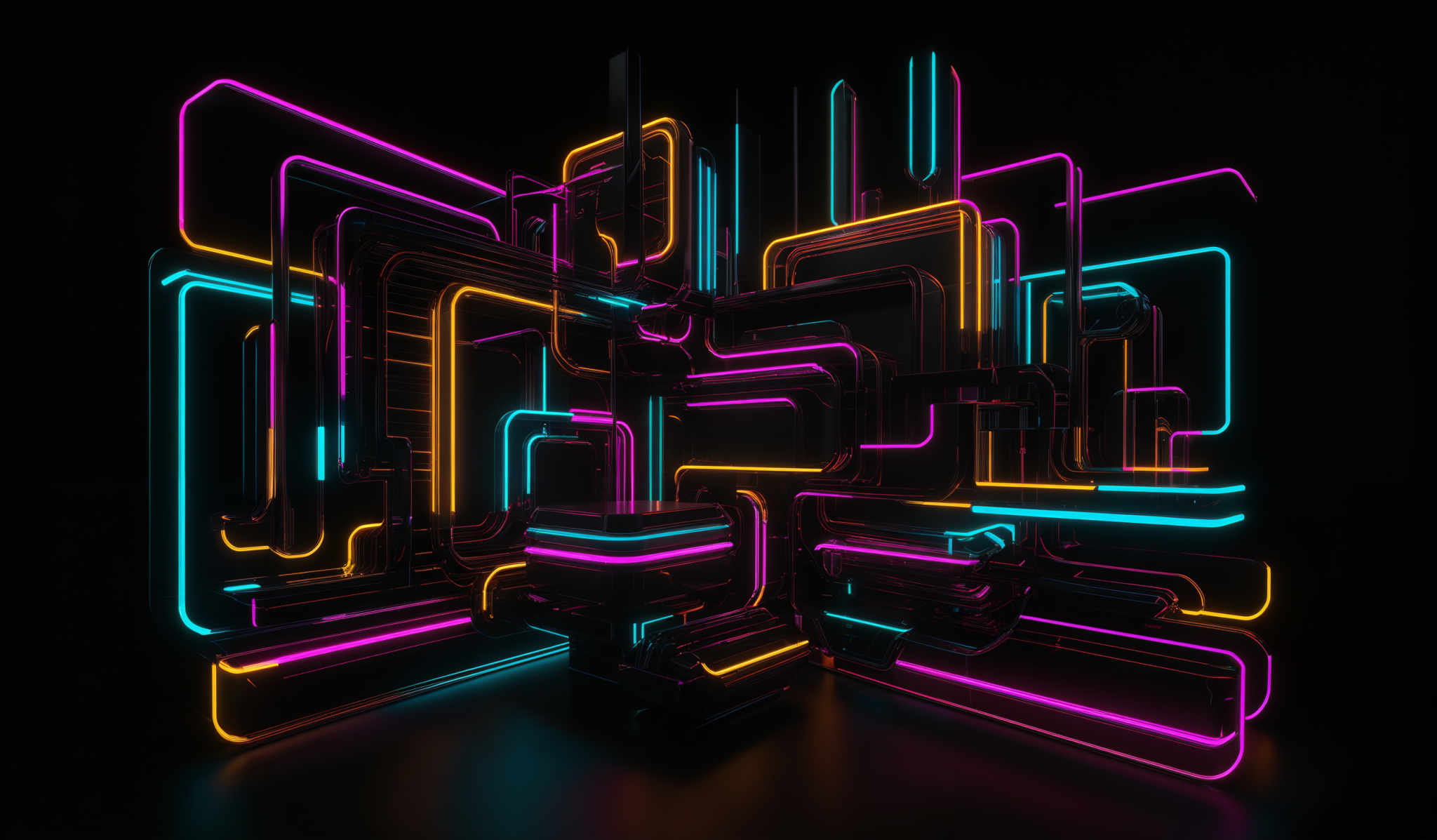 The image showcases a complex structure made up of interconnected tubes and pipes. These tubes are neon-colored, with hues of pink, blue, yellow, and green. They are arranged in a maze-like pattern, intertwining and overlapping with each other. The background is dark, which makes the neon colors pop out even more, creating a visually striking contrast.