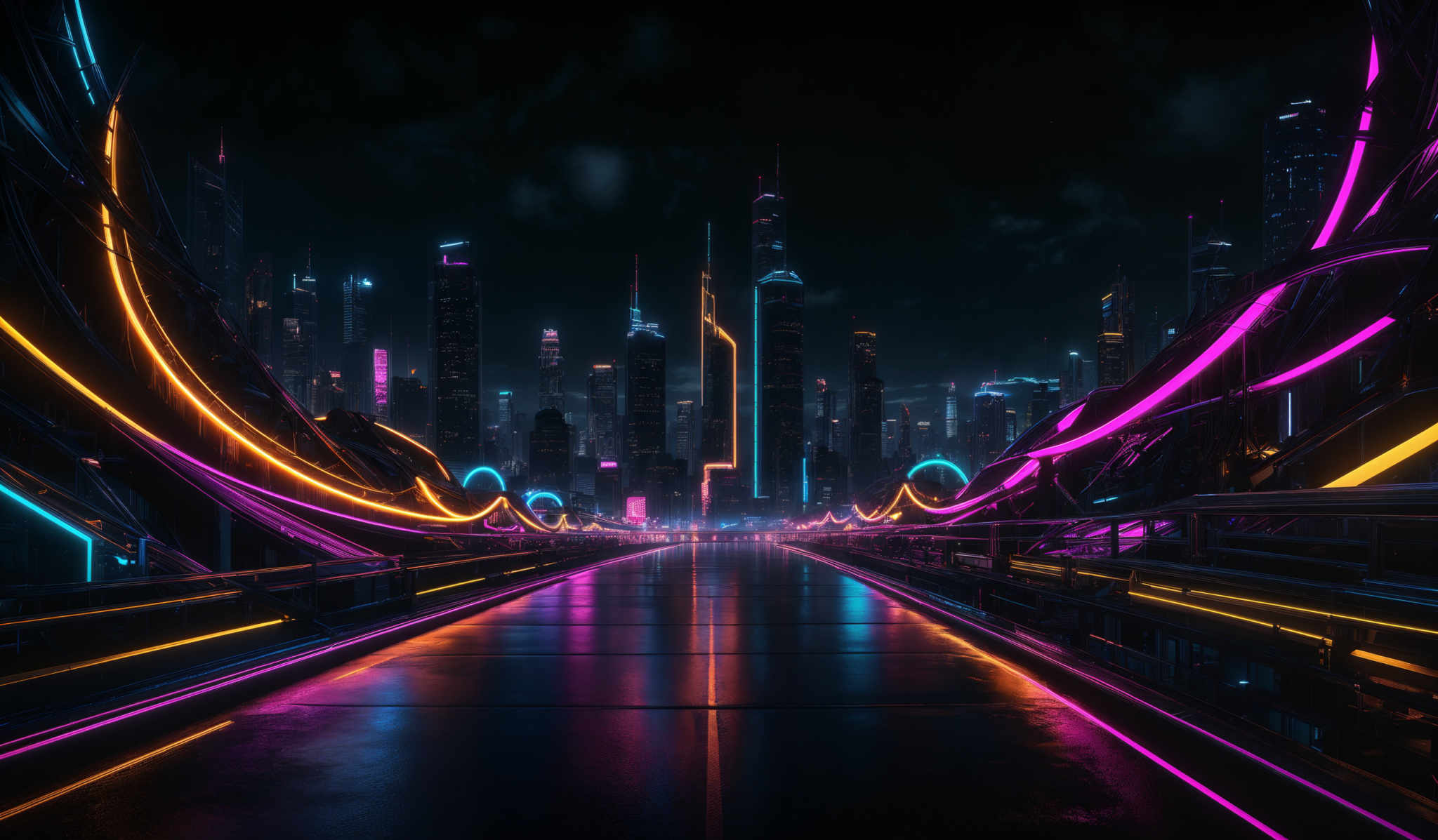 The image showcases a futuristic cityscape at night. The skyline is dominated by tall skyscrapers, some of which have neon lights illuminating them. The foreground features a pathway or roadway with vibrant neon lighting in shades of pink, blue, and yellow. These lights create intricate patterns and curves, adding to the overall aesthetic of the scene. The city appears to be bathed in a mix of artificial lighting, with the neon glow contrasting against the dark sky.