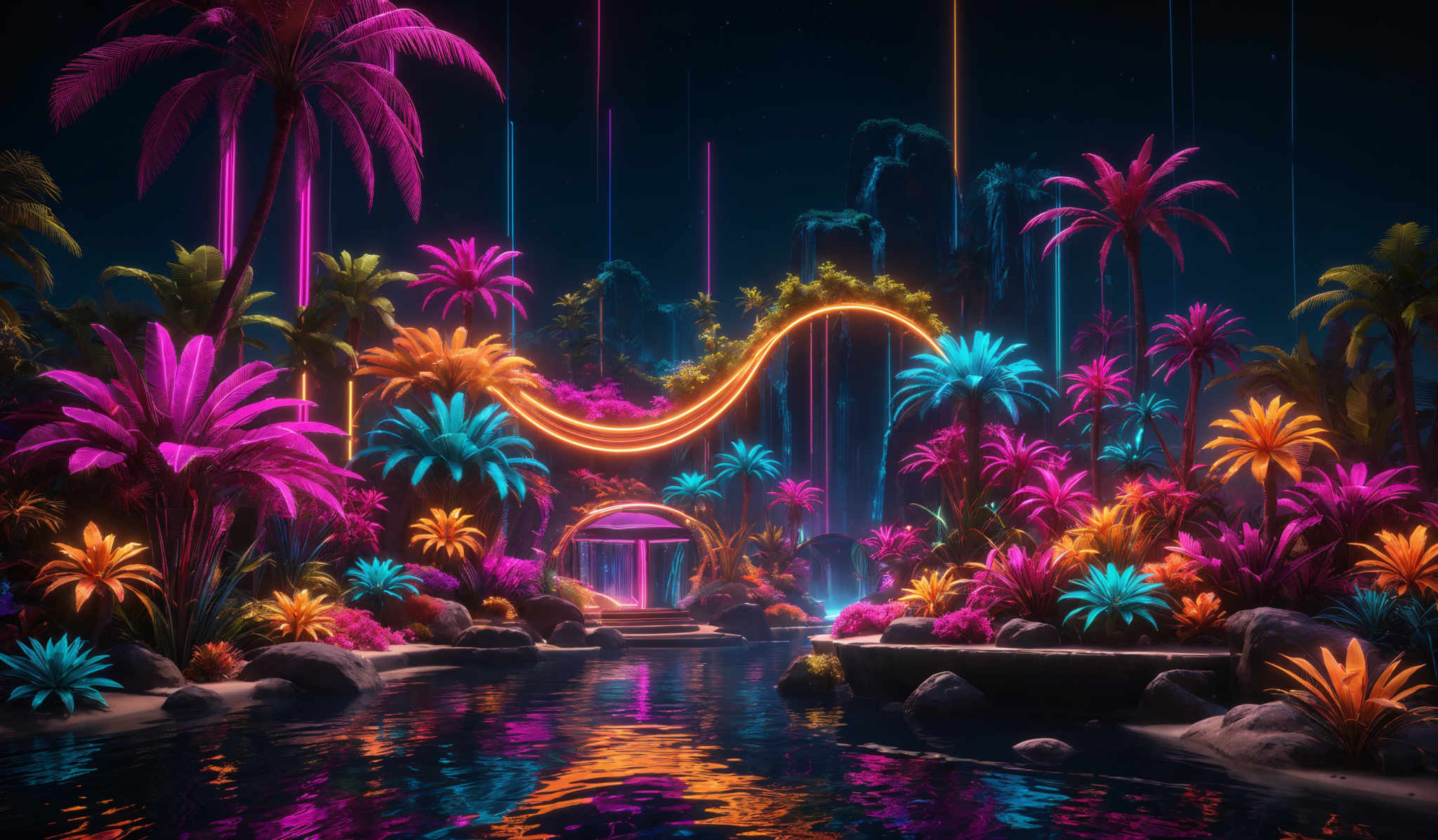 The image showcases a vibrant and surreal landscape. The dominant colors are neon shades of pink, blue, and orange. The scene is dominated by palm trees, which are illuminated with bright neon lights. There are waterfalls cascading down rocky cliffs, and the water below reflects the neon colors. The ground is adorned with various plants and flowers, and there's a serene body of water that mirrors the surrounding beauty. Overall, the image exudes a futuristic and dreamy ambiance.