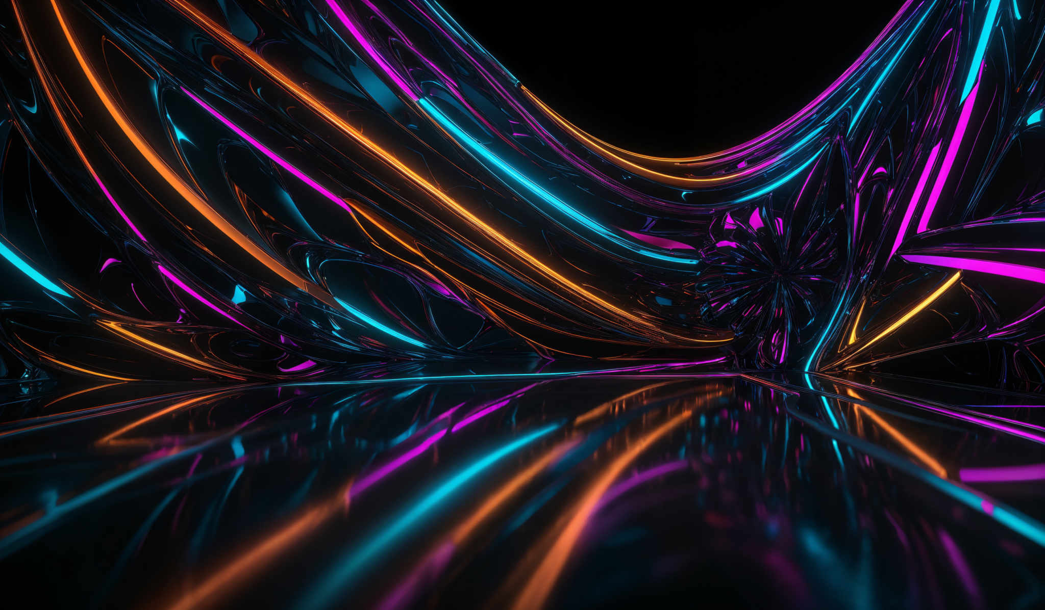 The image showcases a vibrant and dynamic abstract design. It features a series of intertwined, reflective, and glossy curves and lines in a myriad of colors including neon pink, blue, and orange. The shapes resemble flowing liquid or perhaps even a chaotic dance of tubes and pipes. The design is set against a dark background, making the colors pop and creating a sense of depth and movement.