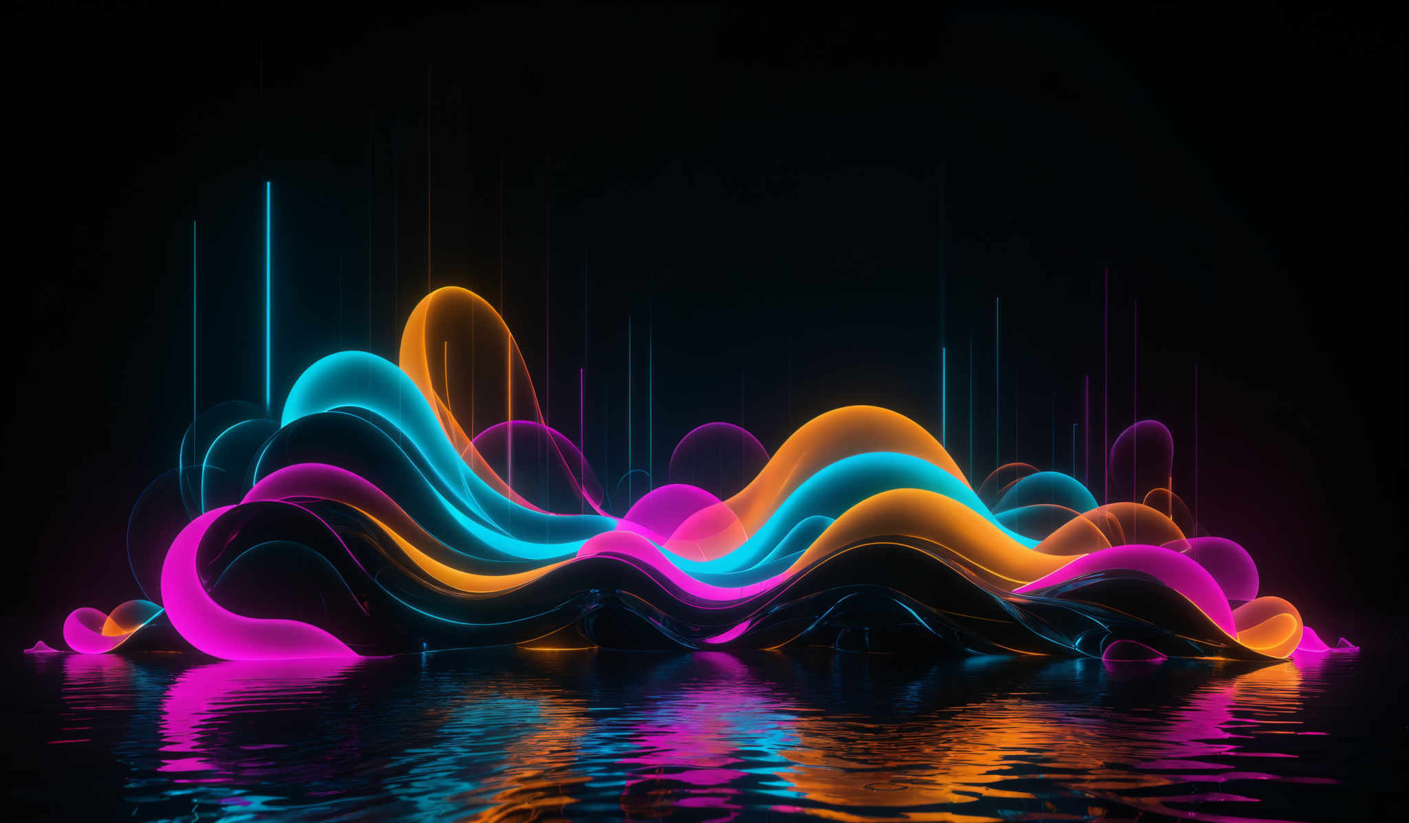 The image showcases vibrant and neon-like colors, predominantly in shades of pink, blue, and orange. The shapes are fluid and wavy, resembling abstract waves or ripples. These shapes are set against a dark background, creating a stark contrast and making the colors pop even more. The image also features vertical lines, possibly representing beams or rays of light, that add depth and dimension to the overall composition.