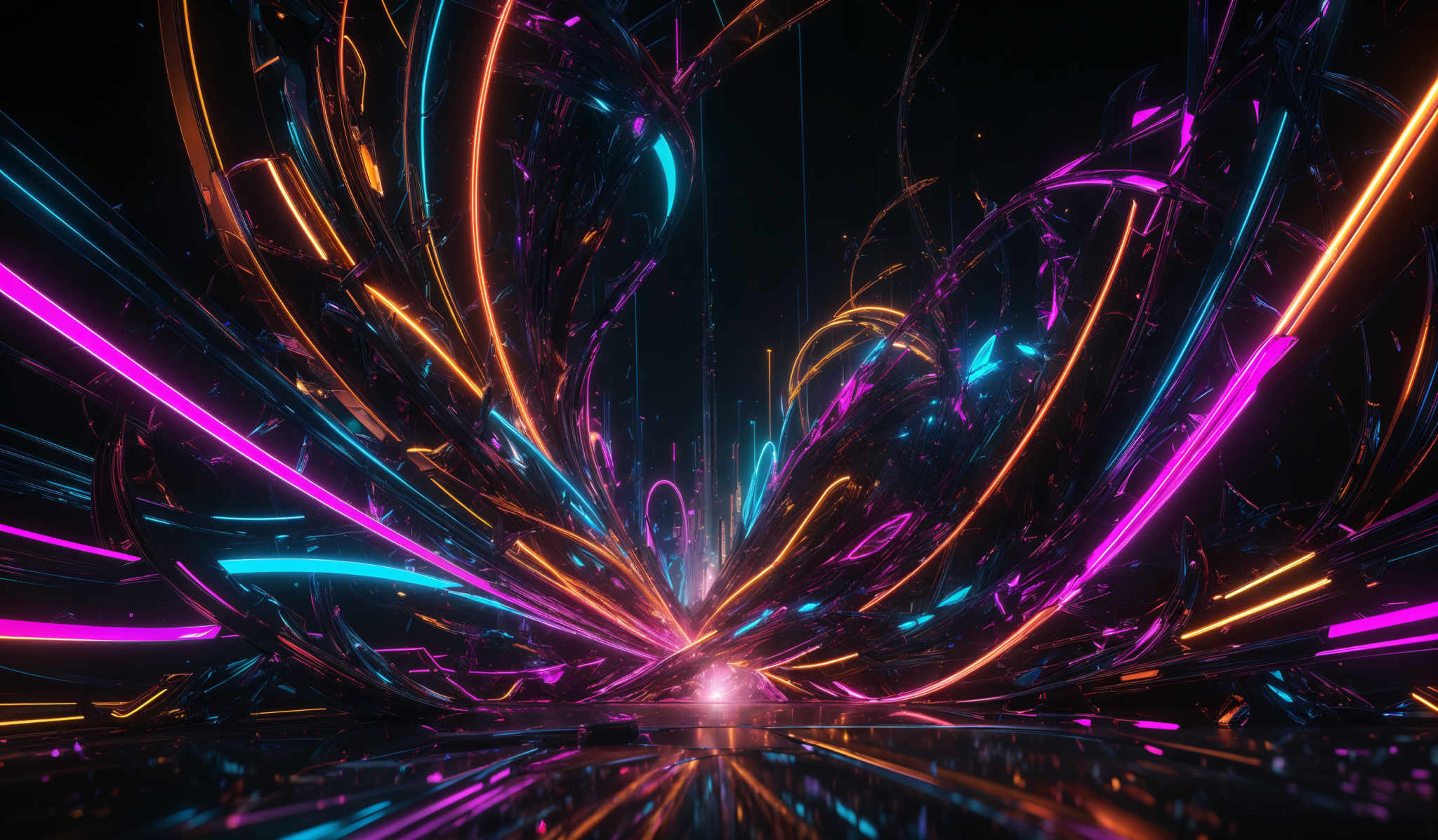 The image showcases a vibrant and dynamic digital artwork. It features swirling patterns of neon-colored lines, predominantly in shades of pink, blue, and orange. These lines intertwine and overlap, creating a visually striking and energetic effect. The shapes resemble flowing tendrils or streams, giving the impression of movement and fluidity. The overall color palette is dark, with the neon lines providing a stark contrast, making them the focal point of the artwork, and reflecting off a shiny surface below.