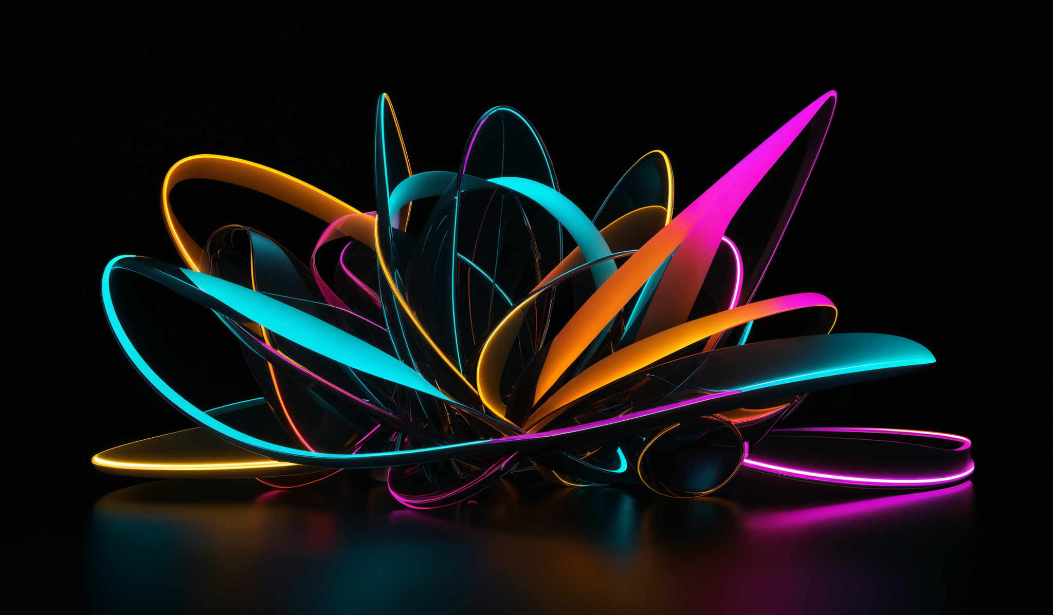 The image showcases a dynamic and abstract composition of intertwined, curved lines in vibrant colors. The dominant colors include neon shades of blue, pink, yellow, and orange. The shapes are fluid and organic, resembling swirling ribbons or tendrils. They intertwine and overlap in a complex pattern, creating a sense of movement and energy. The background is dark, which accentuates the brightness and vibrancy of the colors.