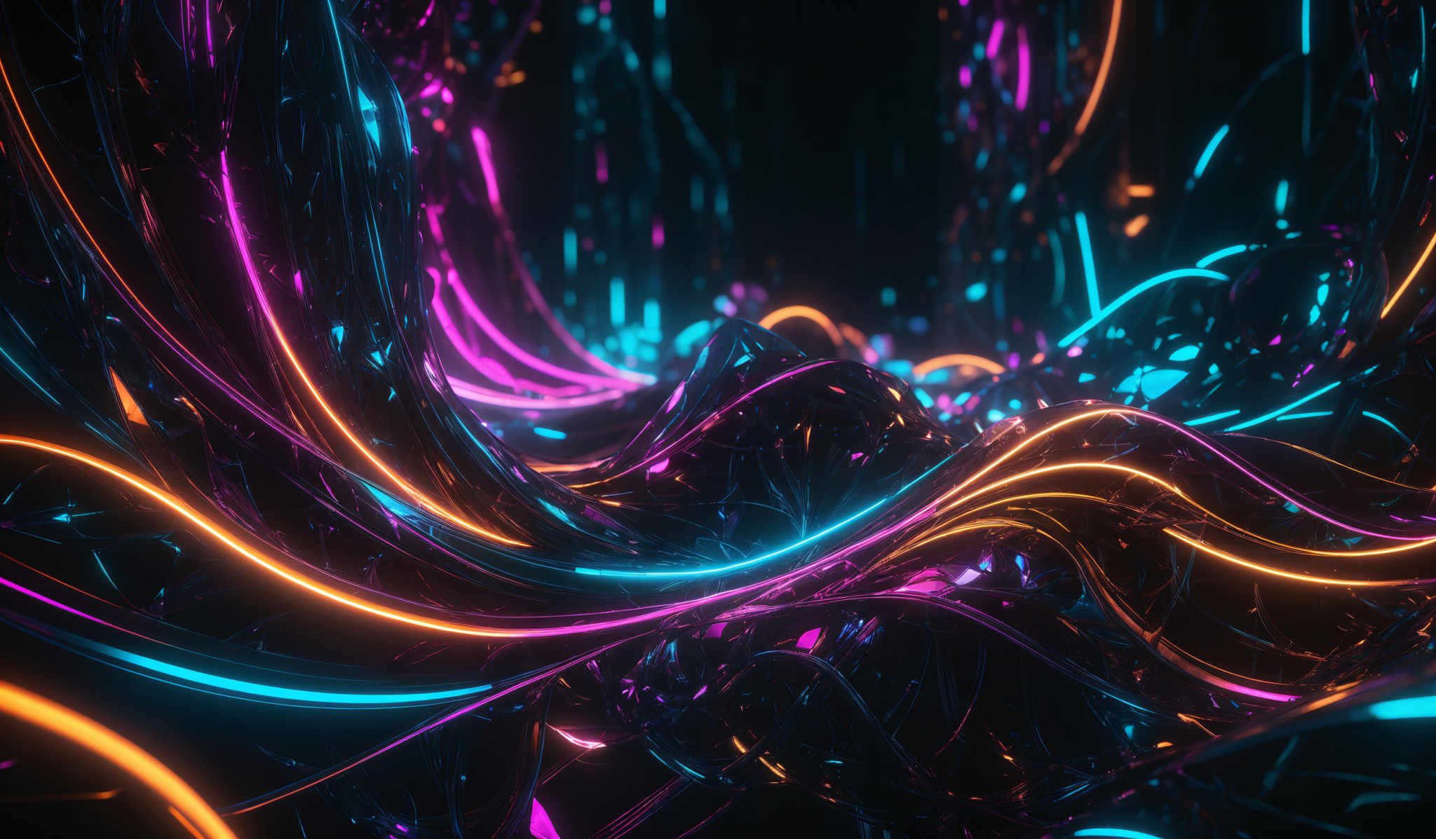 The image showcases a vibrant and dynamic digital artwork. It features swirling patterns of neon-colored lines, predominantly in shades of pink, blue, and orange. These lines intertwine and overlap, creating a visually captivating and intricate design. The overall theme appears to be reminiscent of flowing energy or data streams, with the colors giving it a futuristic and cybernetic feel.