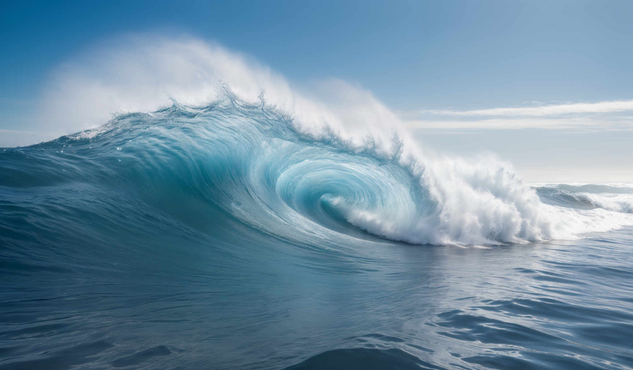 The image showcases a powerful wave, beautifully captured in its motion. The wave is predominantly a deep shade of blue, transitioning to a lighter hue near the crest. The shape of the wave is unique, with a clear spiral or vortex-like formation at its center. The white foam of the crashing wave contrasts sharply with the deep blue, adding a sense of motion and energy to the scene. The background reveals a vast expanse of water, with the horizon visible in the distance.