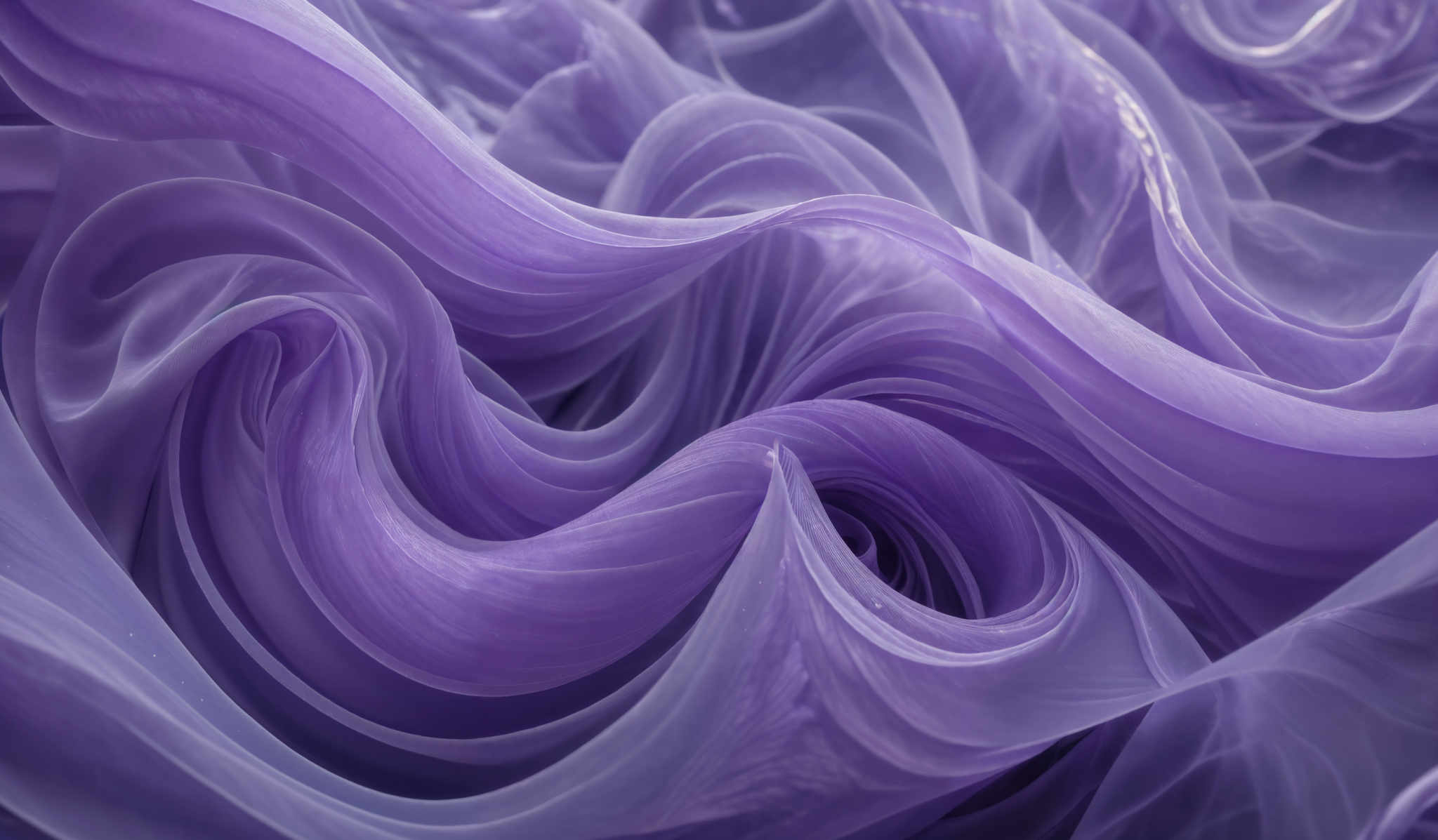 The image showcases a mesmerizing array of swirling, translucent shapes in varying shades of purple. The shapes resemble flowing fabric or smoke, with intricate patterns and curves. The color palette is dominated by deep purples, transitioning to lighter hues, creating a sense of depth and movement. The overall composition is fluid and organic, evoking feelings of serenity and wonder.