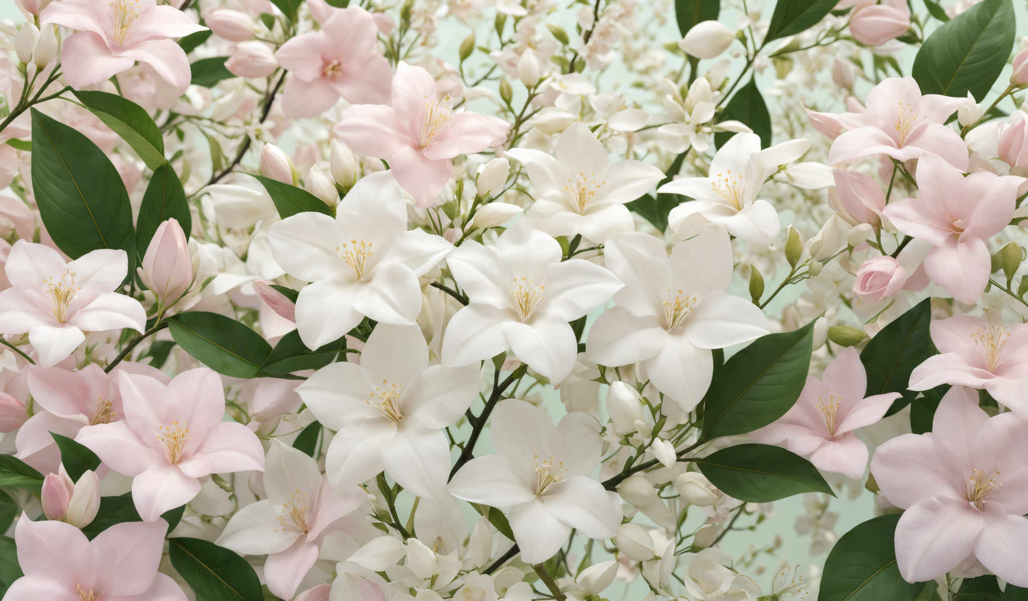 The image showcases a vibrant and lush floral arrangement. The dominant colors are soft pink and white, with hints of green from the leaves. The flowers are predominantly star-shaped with a pink petal and white center. The leaves are large, broad, and green. The background is a muted light green, which complements the colors of the flowers and leaves, making them stand out.