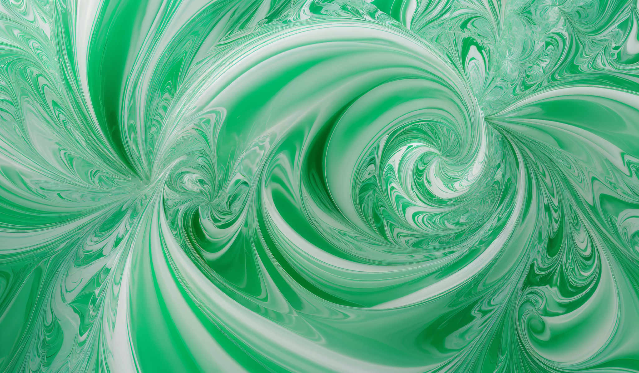 The image showcases a vibrant and intricate swirl of colors, predominantly shades of green and white. The shapes are fluid and organic, resembling swirling patterns and tendrils that seem to be drawn into a central vortex. The design is reminiscent of marbled patterns, with the colors blending seamlessly into one another, creating a mesmerizing effect.