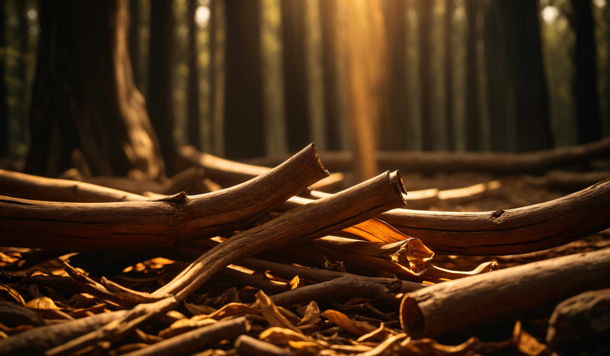 The image showcases a forest setting with tall, slender trees in the background. The forest floor is covered with fallen leaves and branches. The color palette is dominated by earthy tones, with browns and golds from the leaves and the bark of the trees. The sunlight filtering through the trees casts a warm, golden hue over the scene, creating a serene and tranquil atmosphere.