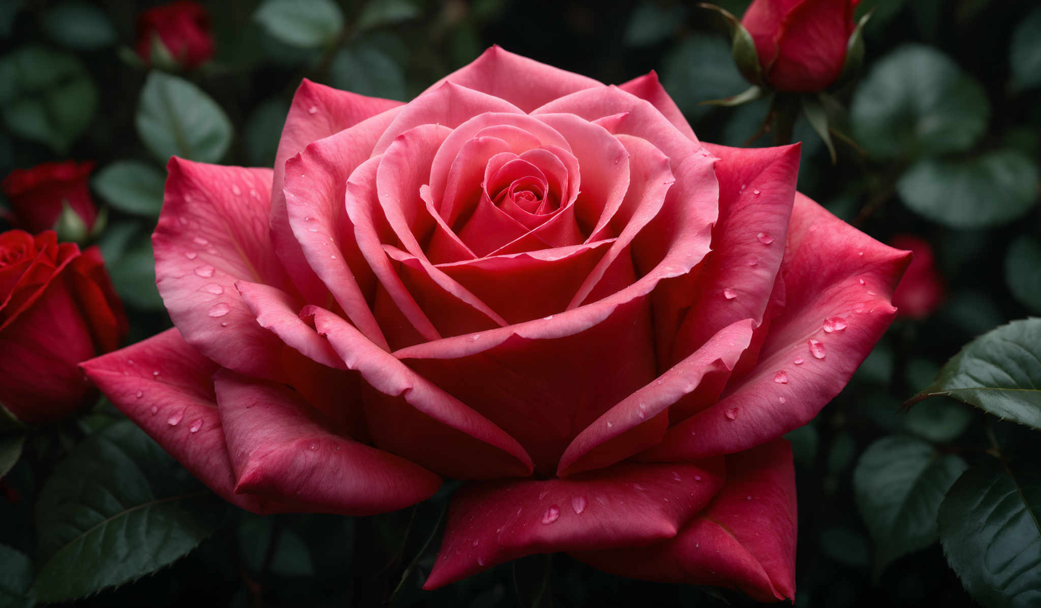 The image showcases a vibrant pink rose in full bloom. The rose has a symmetrical shape with layered petals that radiate outwards, revealing a deep, intricate center. The petals are slightly translucent, allowing a glimpse of the rose's inner structure. Water droplets can be seen on the petals, suggesting that the rose might have been recently watered or exposed to rain. The background consists of green leaves, providing a contrast to the rose and emphasizing its beauty.