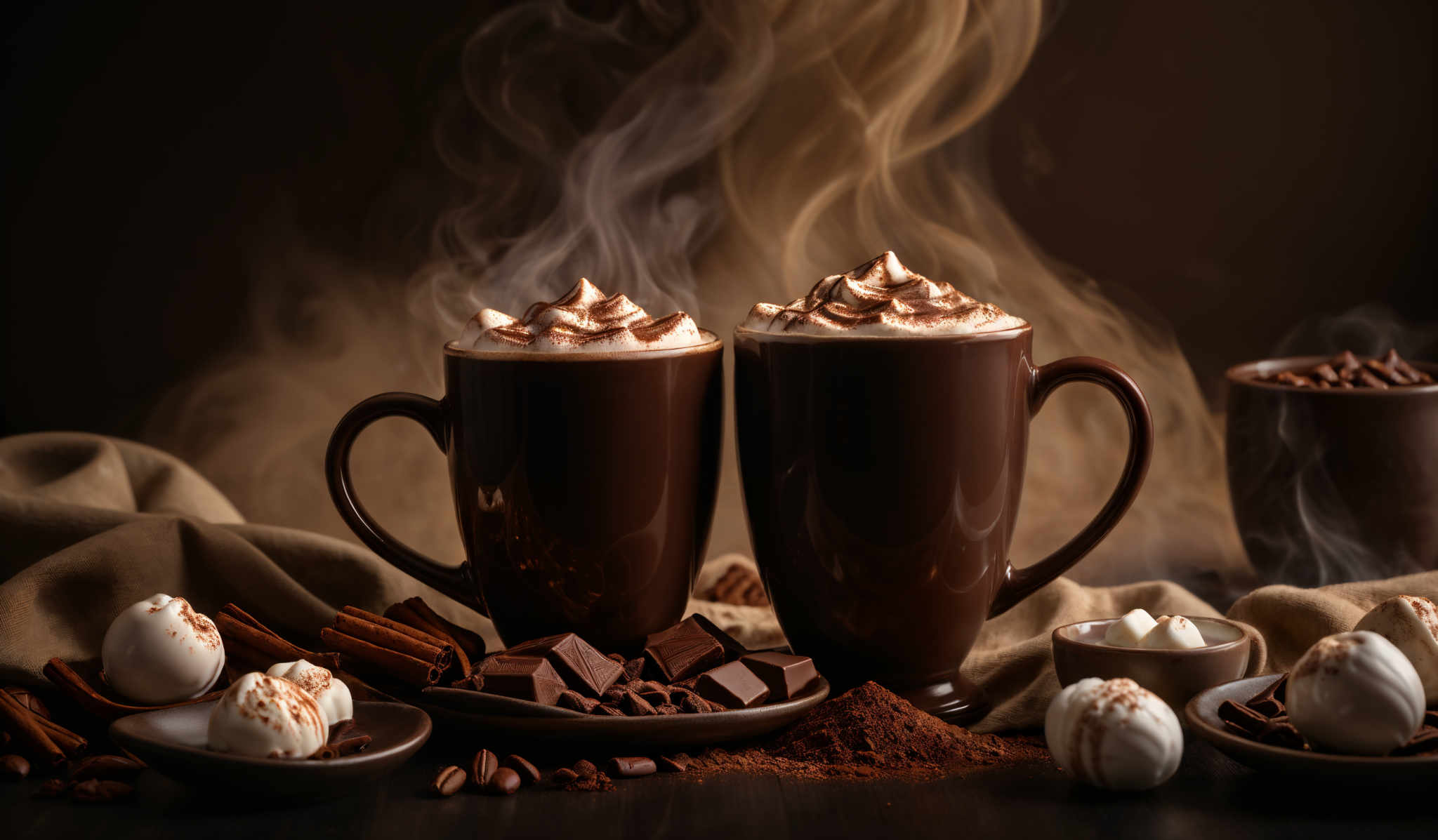 The image showcases a dark, moody setting with two large mugs filled with a hot beverage, possibly hot chocolate or coffee, topped with whipped cream and sprinkled with cocoa powder. The steam rising from the beverages creates a mystical ambiance. Surrounding the mugs are various ingredients and accessories related to the drink, such as cinnamon sticks, chocolates, coffee beans, and a small bowl of marshmallows. The background is dark, emphasizing the warm tones of the beverage and the rich textures of the ingredient.