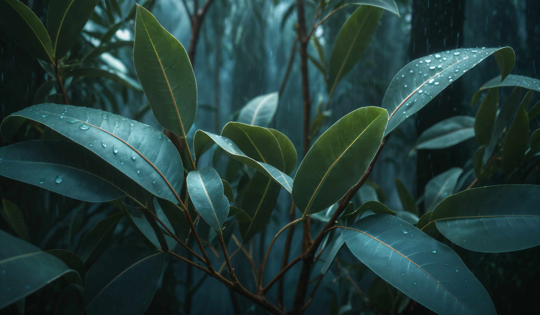 The image showcases large, elongated leaves with a serrated edge. The leaves are predominantly green with a slight sheen, possibly due to the presence of water droplets. These droplet-covered leaves are attached to slender brown stems. The background is slightly blurred, emphasizing the leaves, and has a cool, misty blue hue, suggesting a rainy or dewy environment.