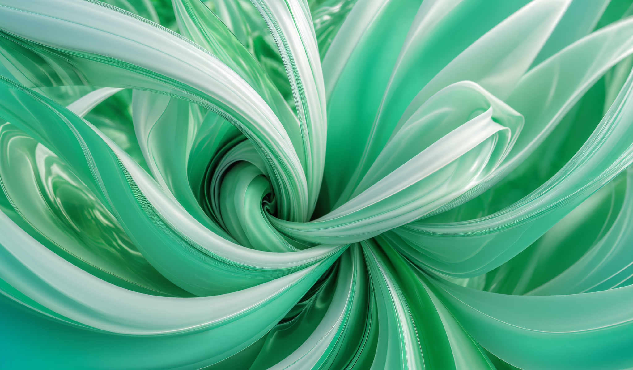 The image showcases a vibrant and intricate design of intertwined and overlapping swirls in various shades of green. The swirls are fluid and appear to be made of a glossy or translucent material, giving them a shiny and dynamic appearance. The shapes are organic and resemble the flow of liquid or perhaps the petals of a blooming flower.