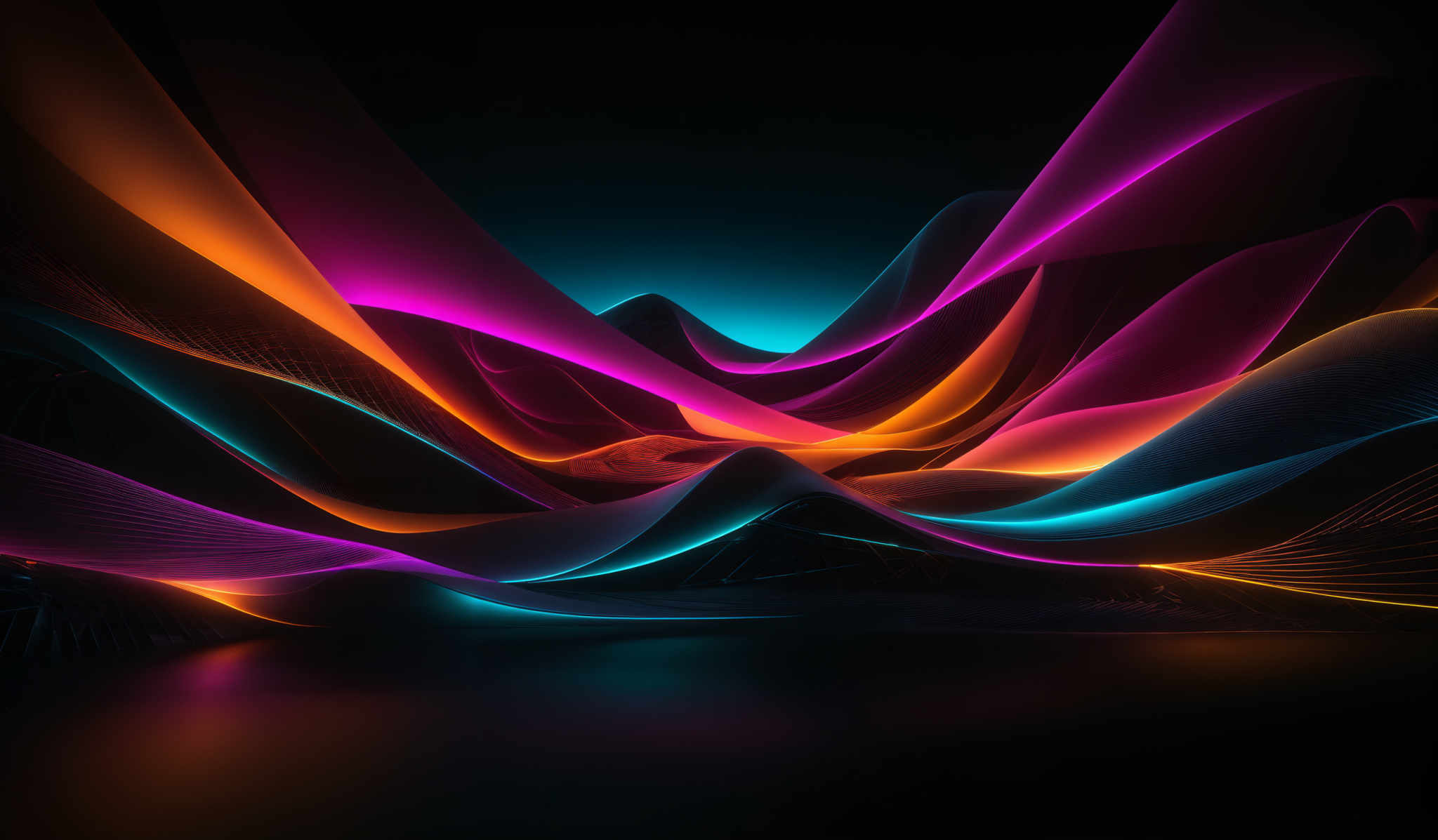 The image showcases a vibrant and dynamic digital artwork. It features a series of intertwined, wavy lines and shapes in a spectrum of colors including pink, orange, blue, and purple. The colors appear to be emanating from the lines, creating a glowing effect. The shapes are fluid and resemble waves or ribbons, flowing gracefully across the canvas. The overall composition gives a sense of movement and energy, reminiscent of a colorful, neon-lit landscape or a digital rendering of a dynamic environment.