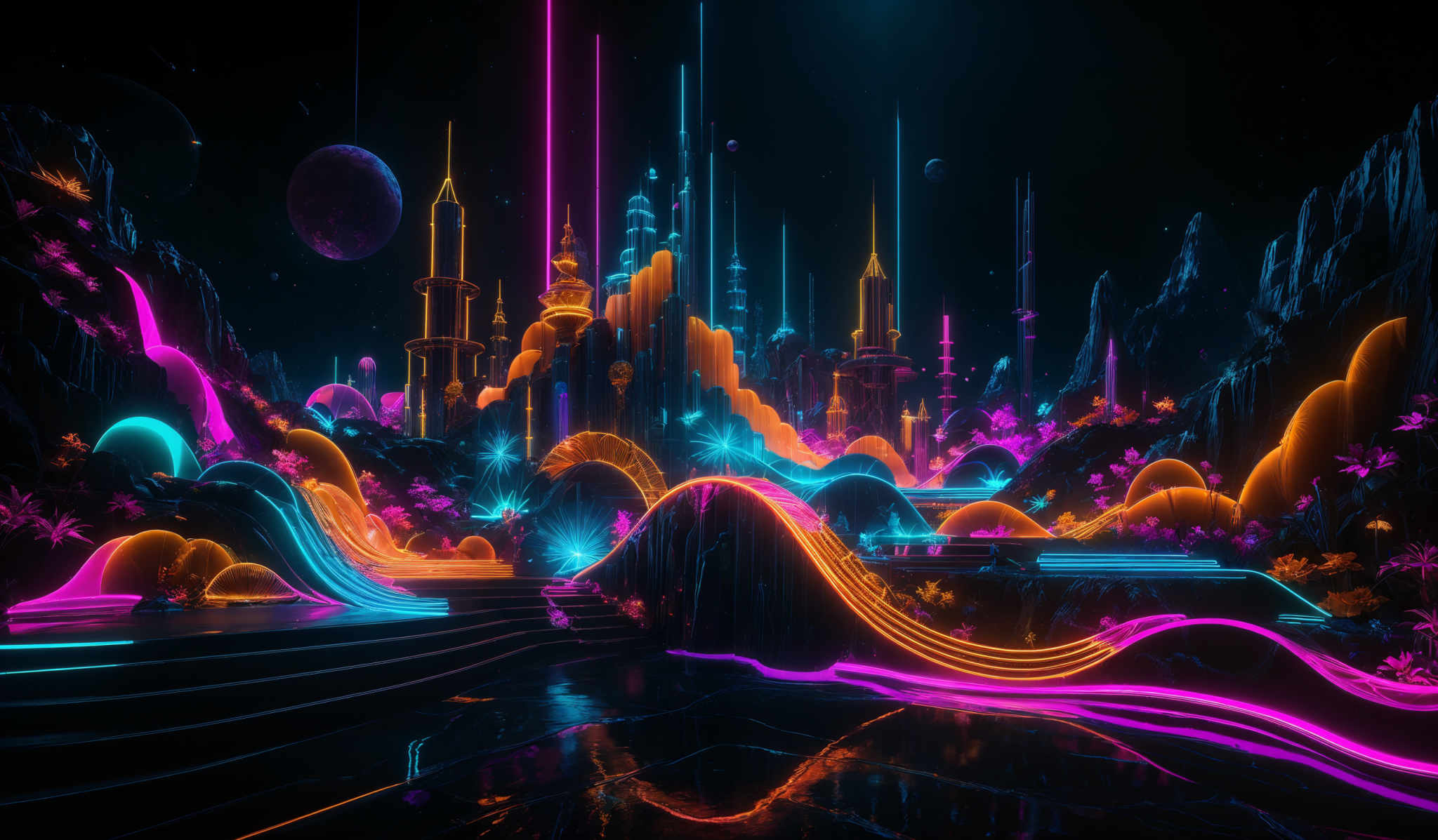 The image showcases a vibrant and futuristic cityscape. The dominant colors are neon shades of pink, blue, and orange. The city is adorned with towering spires and skyscrapers, some of which are illuminated with bright lights. There are winding pathways and platforms made of glowing, fluid-like substances that reflect the surrounding lights. The sky is filled with celestial bodies, including planets and stars, adding to the otherworldly ambiance. The overall design gives a sense of a futurist metropolis, possibly set in a space-themed environment.