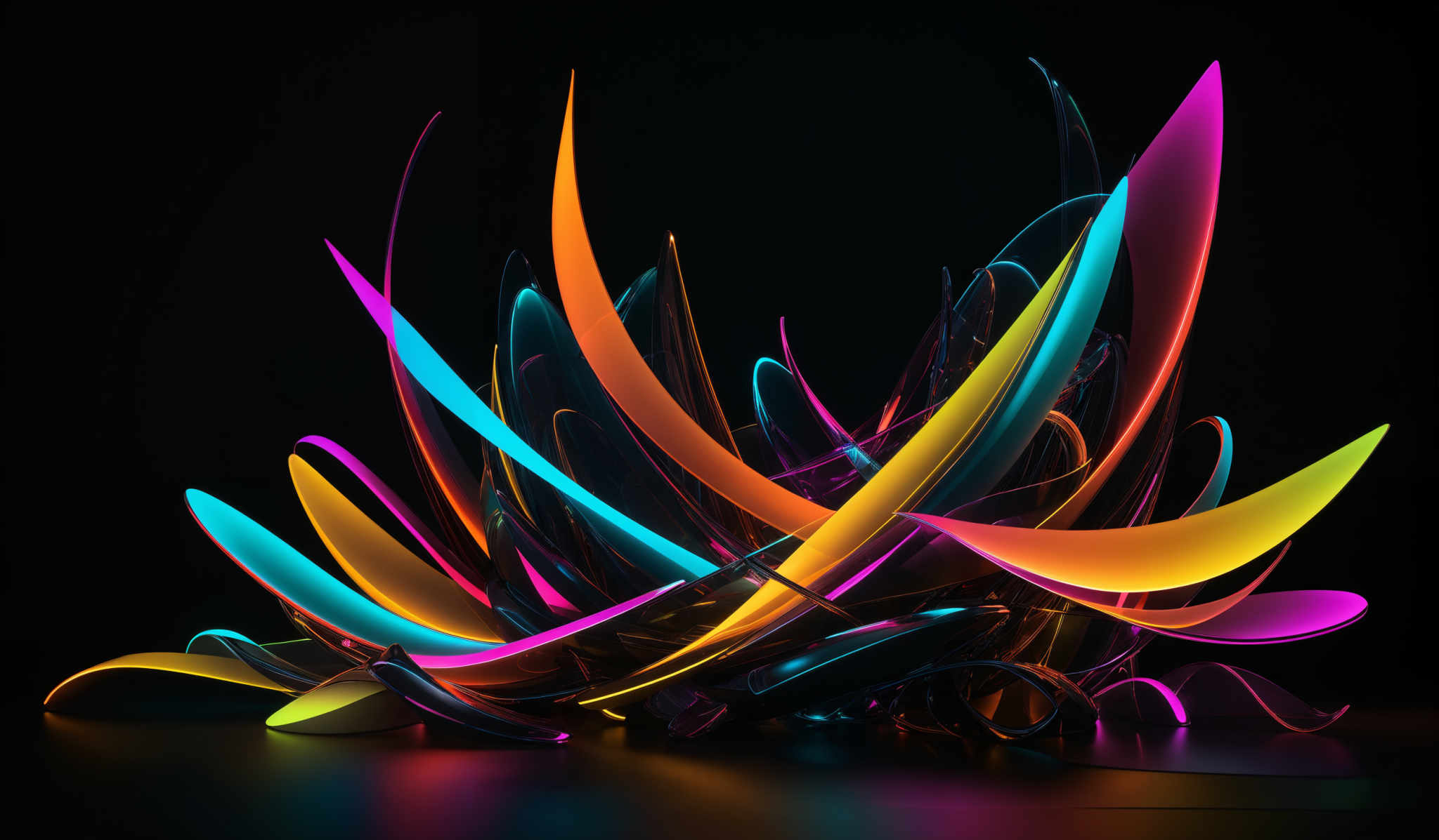 The image showcases a dynamic and vibrant composition of intertwined, curved shapes in a dark background. These shapes are multi-colored, predominantly in hues of blue, orange, yellow, and pink. They appear to be made of a translucent or reflective material, as they cast shadows and reflections on the surface below. The overall effect is reminiscent of abstract art or digital rendering, with the colors and shapes interplaying in a harmonious yet chaotic manner.