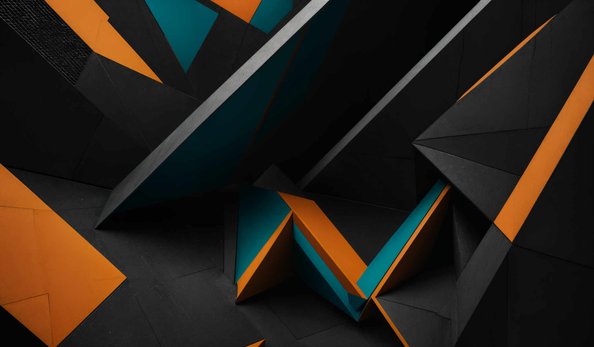 The image showcases a modern architectural design with sharp, angular shapes. The dominant colors are shades of black, teal, and orange. The design consists of interconnected triangles and rectangles, creating a visually striking and dynamic composition. The teal and orange shades are juxtaposed against the darker black, creating contrast and drawing attention to specific areas.