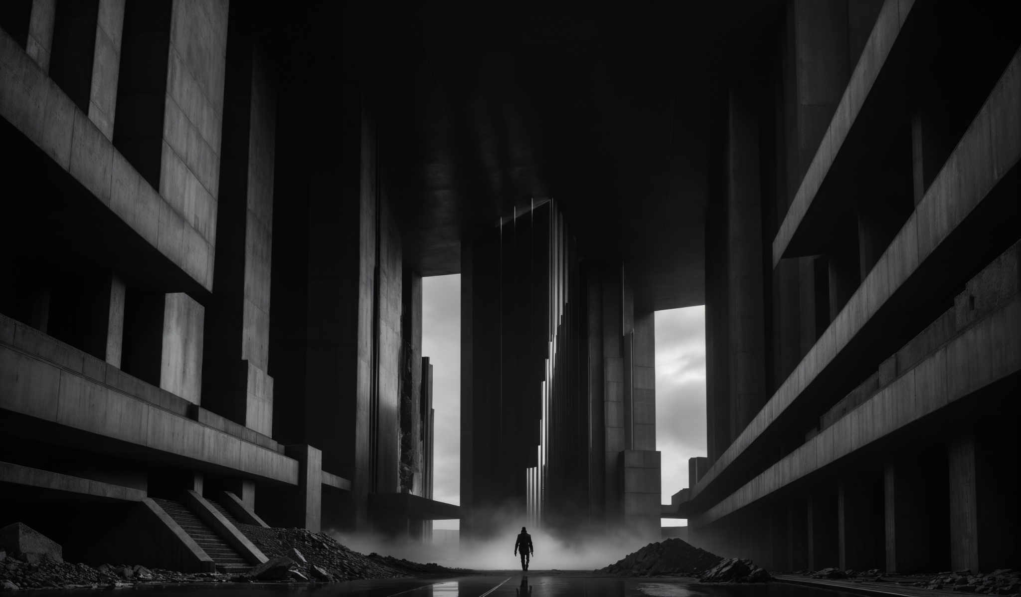 The image is in black and white, showcasing a monochromatic palette. The dominant shapes are tall, rectangular structures, possibly representing buildings or architectural pillars. These structures have varying heights and are interspersed with gaps, allowing light to filter through. The ground appears to be wet, reflecting the structures and the lone figure in the distance. The atmosphere is moody, with a solitary figure standing in the foreground, adding a sense of scale and solitude to the scene.