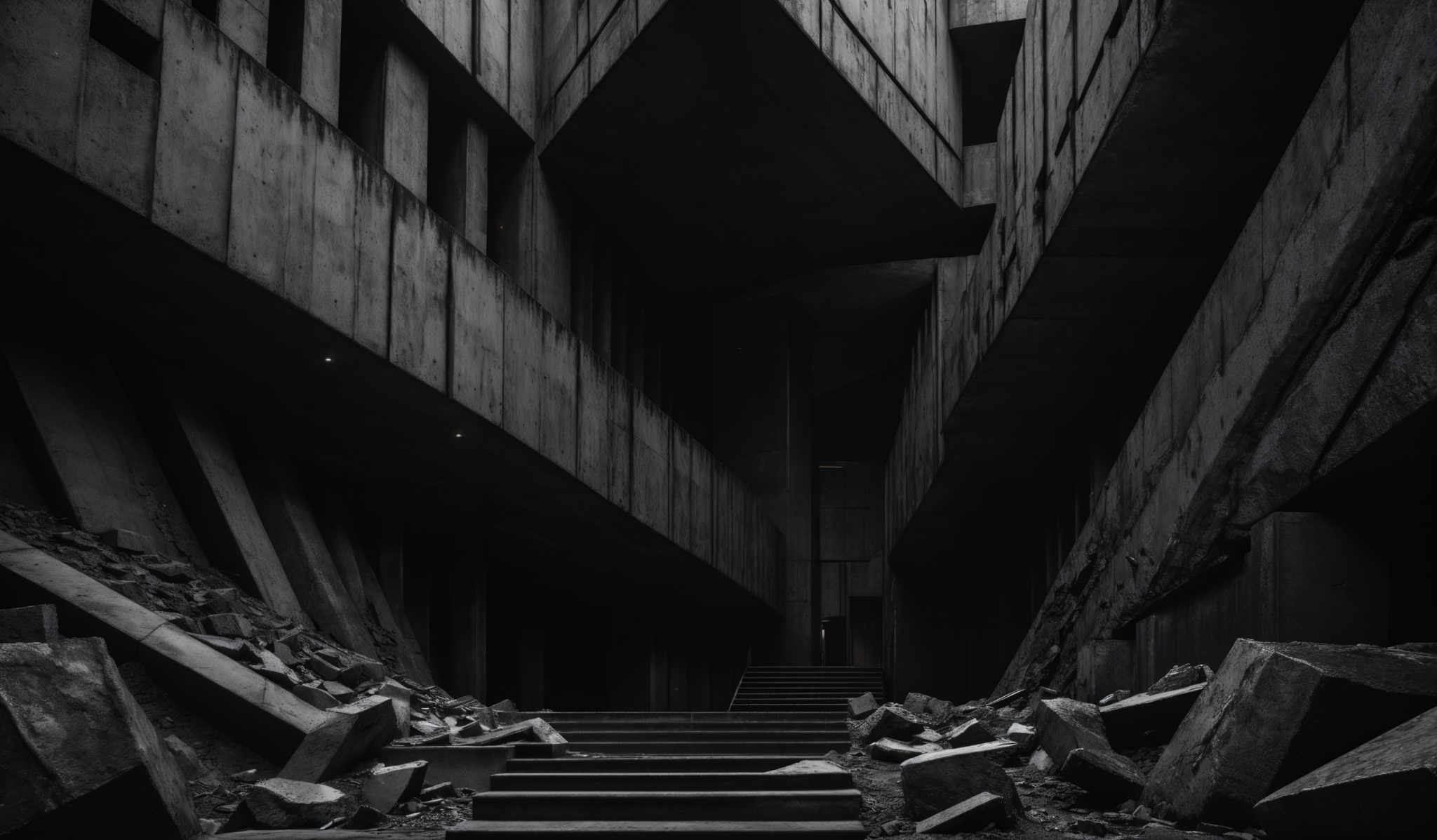 The image is in black and white, showcasing a dark, imposing architectural structure. The predominant shapes are rectangular and angular, with tall walls and ceilings. There are several chunks of debris scattered on the ground, suggesting some form of destruction or disarray. The lighting is dramatic, highlighting the sharp edges and creating shadows that add to the eerie ambiance.