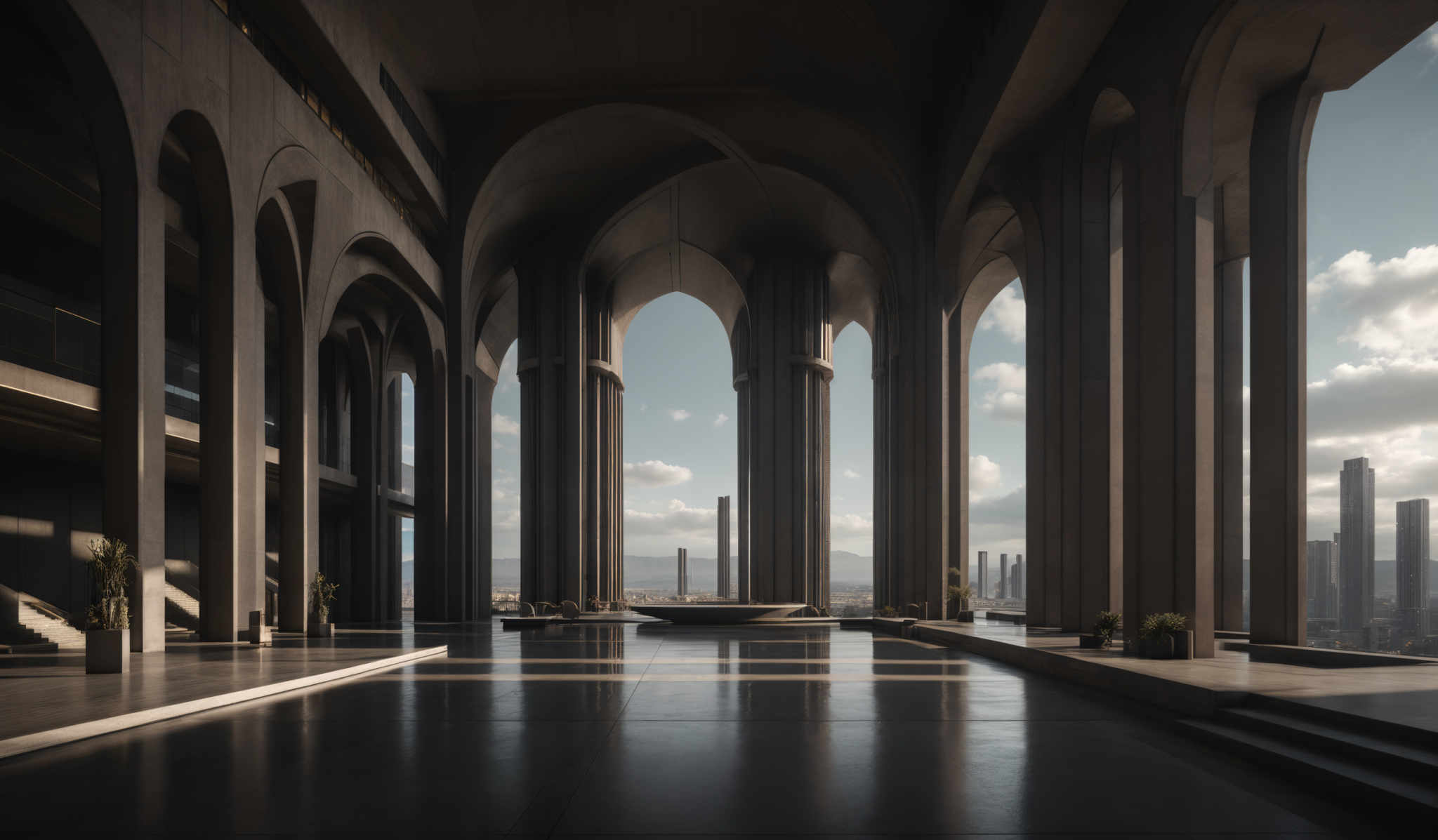 The image showcases a grand architectural space with tall, slender columns and arches. The predominant color is a muted gray, giving the space a monochromatic and sophisticated appearance. The columns are cylindrical and have a smooth texture, while the arches have a rounded shape. The floor is reflective, possibly made of polished concrete or a similar material, and it mirrors the columns and the sky outside. The space is adorned with minimal decor, including a few potted plants placed strategically. Through the large windows, one can see a cityscape with modern skyscrapers, suggesting that this architectural marvel is located in an urban setting.