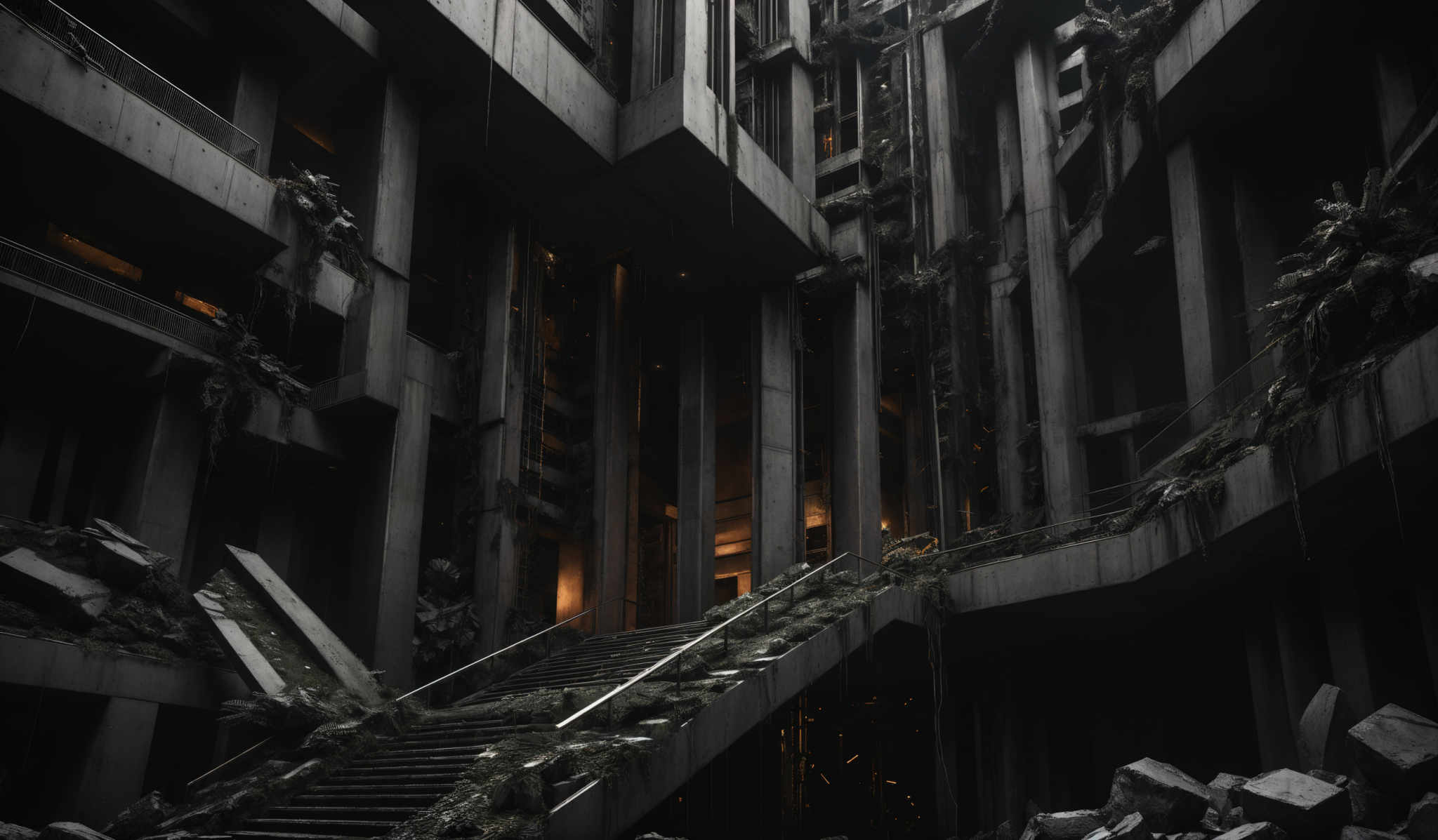 The image showcases a dark, moody atmosphere with predominantly gray tones. The architecture is characterized by tall, vertical structures, possibly pillars or walls, interspersed with large, rectangular openings. These openings emit a warm, orange glow, contrasting with the otherwise cold color palette. The scene is further accentuated by the presence of debris, possibly broken concrete or rubble, scattered throughout. Overgrown vegetation, including moss and ferns, can be seen clinging to the walls and structures, suggesting that the place has been abandoned for some time and nature is slowly reclaiming it.