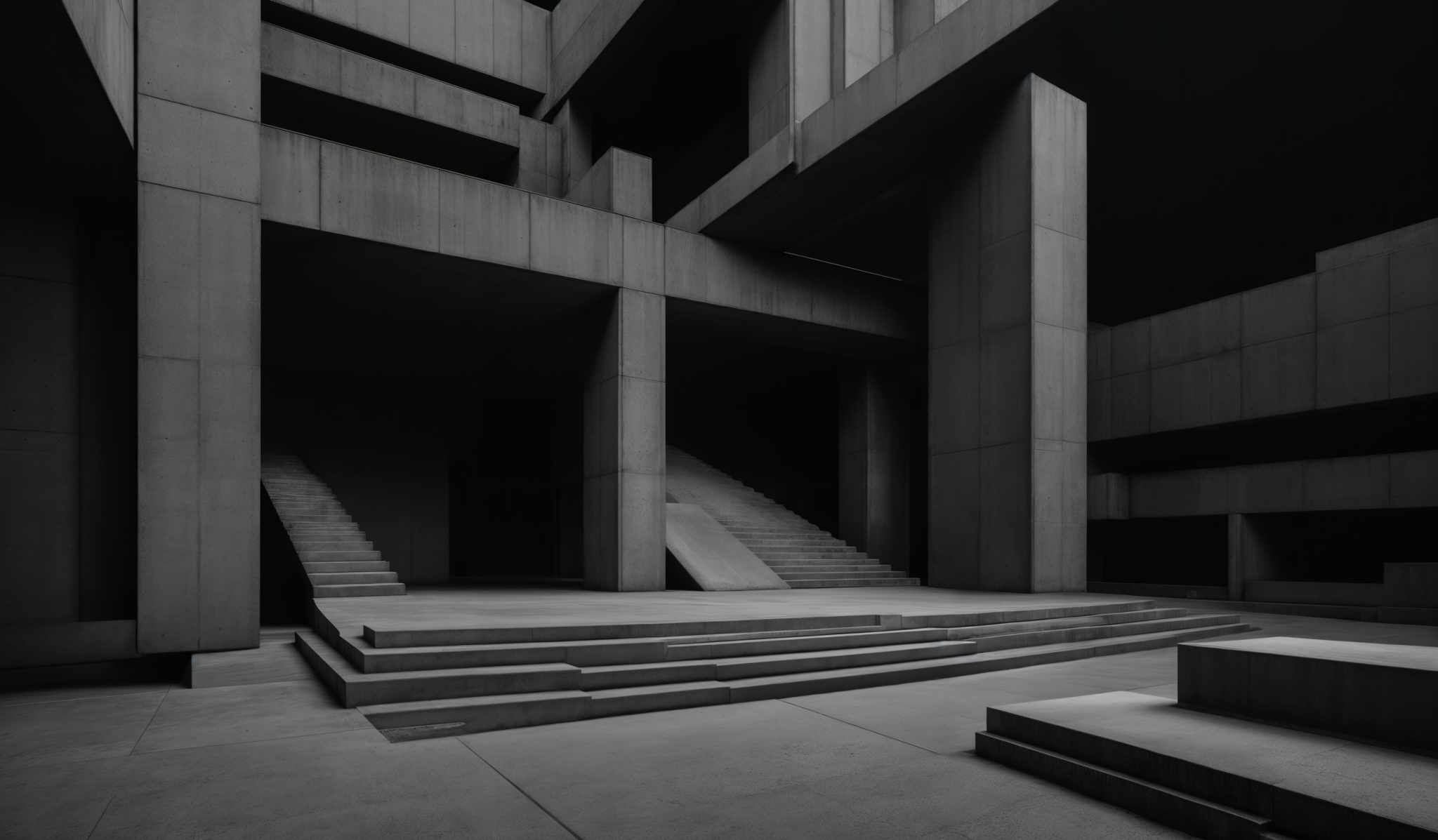 The image showcases a monochromatic, architectural setting. It predominantly features shades of gray, creating a moody and atmospheric ambiance. The architecture consists of large, rectangular blocks and platforms, interconnected by staircases. The geometric shapes are sharp and angular, giving the space a modern and minimalist feel. The play of light and shadow accentuates the depth and dimension of the structure.