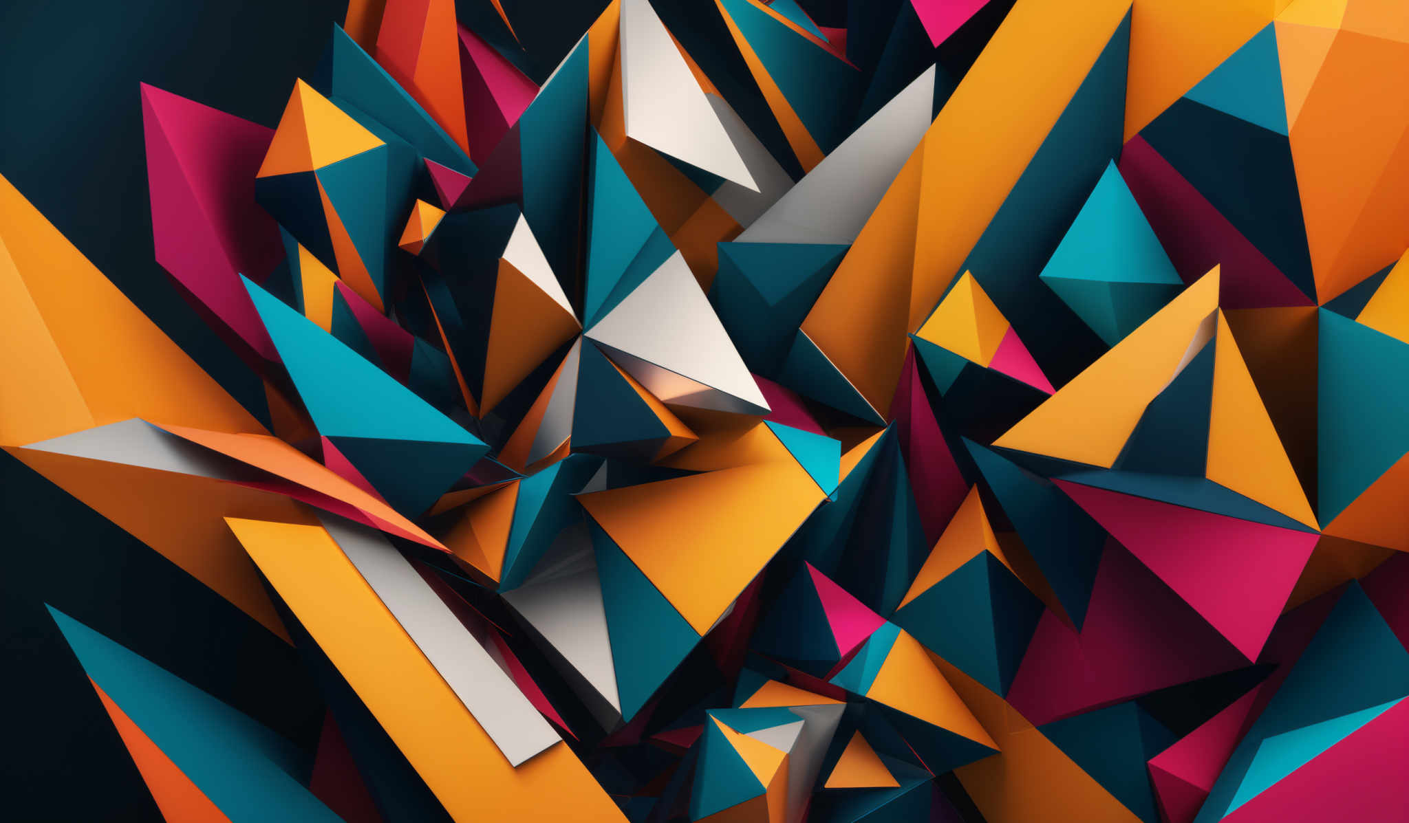 The image showcases a vibrant and dynamic composition of geometric shapes. The predominant colors are shades of blue, orange, pink, and white. The shapes are predominantly triangular, with some having sharp edges and others appearing more smooth. The arrangement of these shapes creates a chaotic yet harmonious pattern, giving the impression of a modern, abstract artwork.