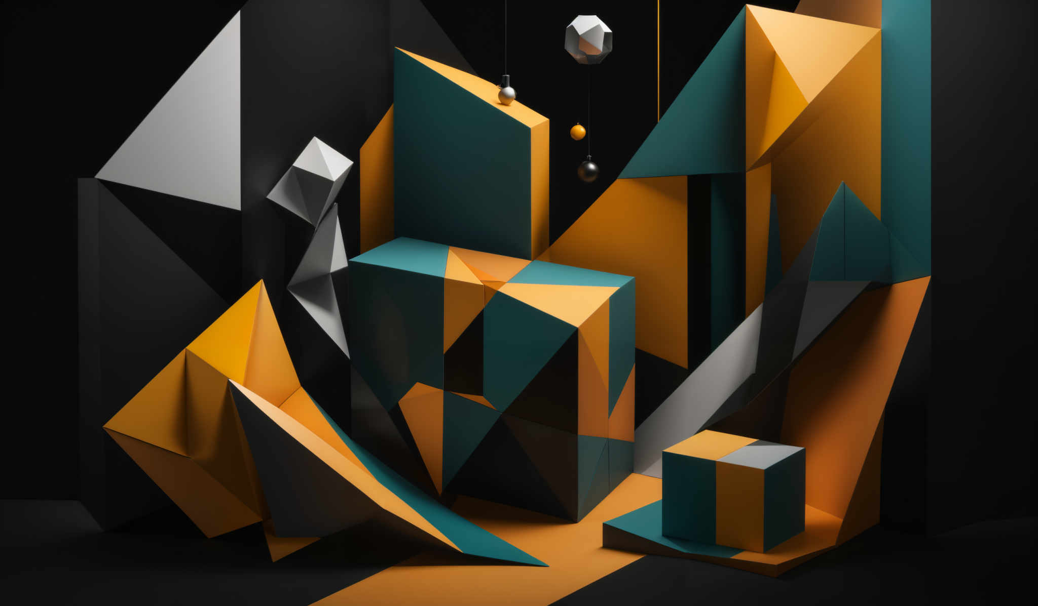 The image showcases an abstract composition with geometric shapes. The dominant colors are shades of black, orange, and teal. The shapes are predominantly triangular and polyhedral, with some appearing as cubes. There are also spherical objects hanging from the top, and the entire scene is set against a dark background, creating a contrast that emphasizes the vibrant colors of the geometric forms.